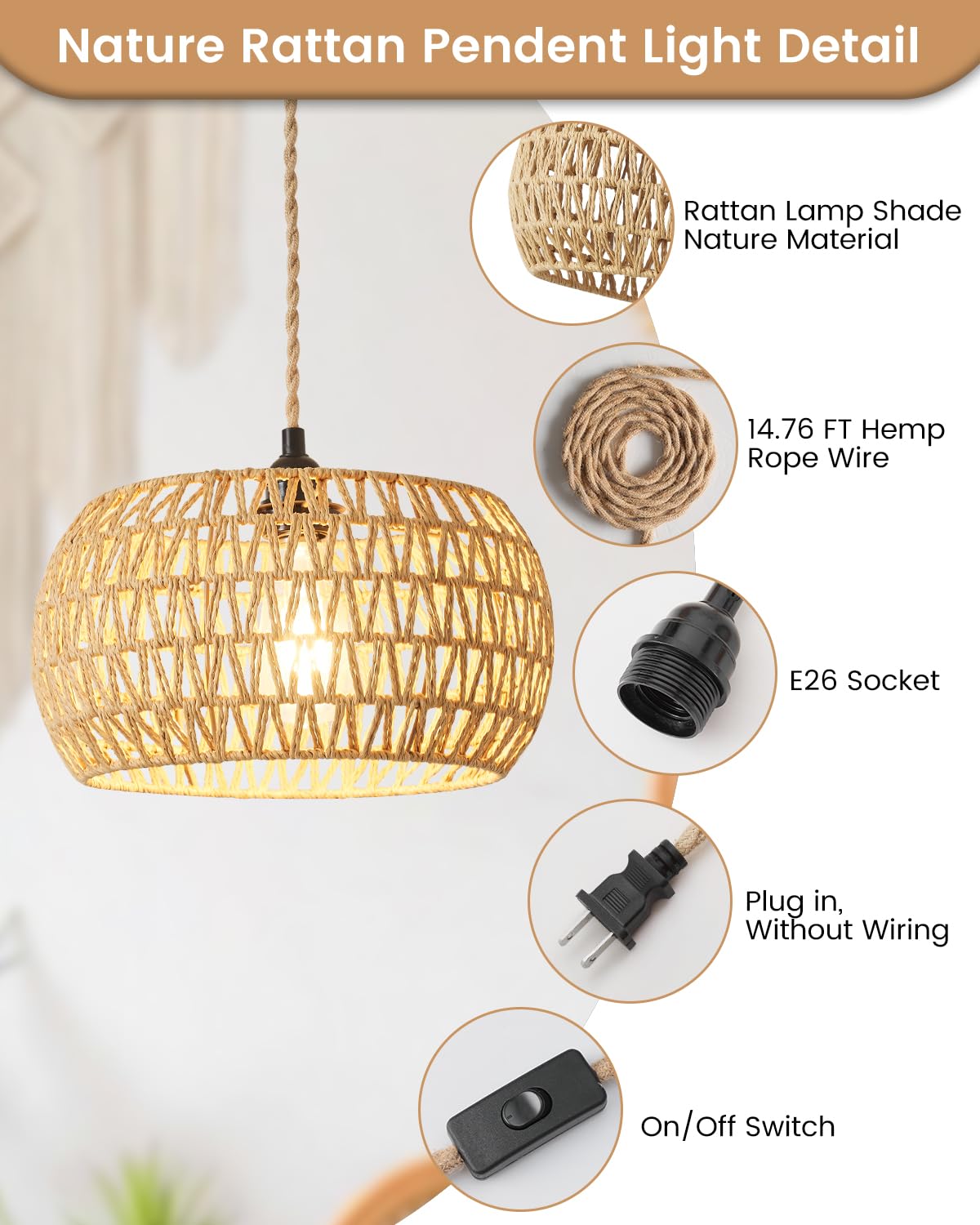 Rattan Boho Hanging Light,12.6'' Natural Hand Woven Fabric Drum Light,Plug Into Wall Outlet Pendant Light Fixture On/Off Switch