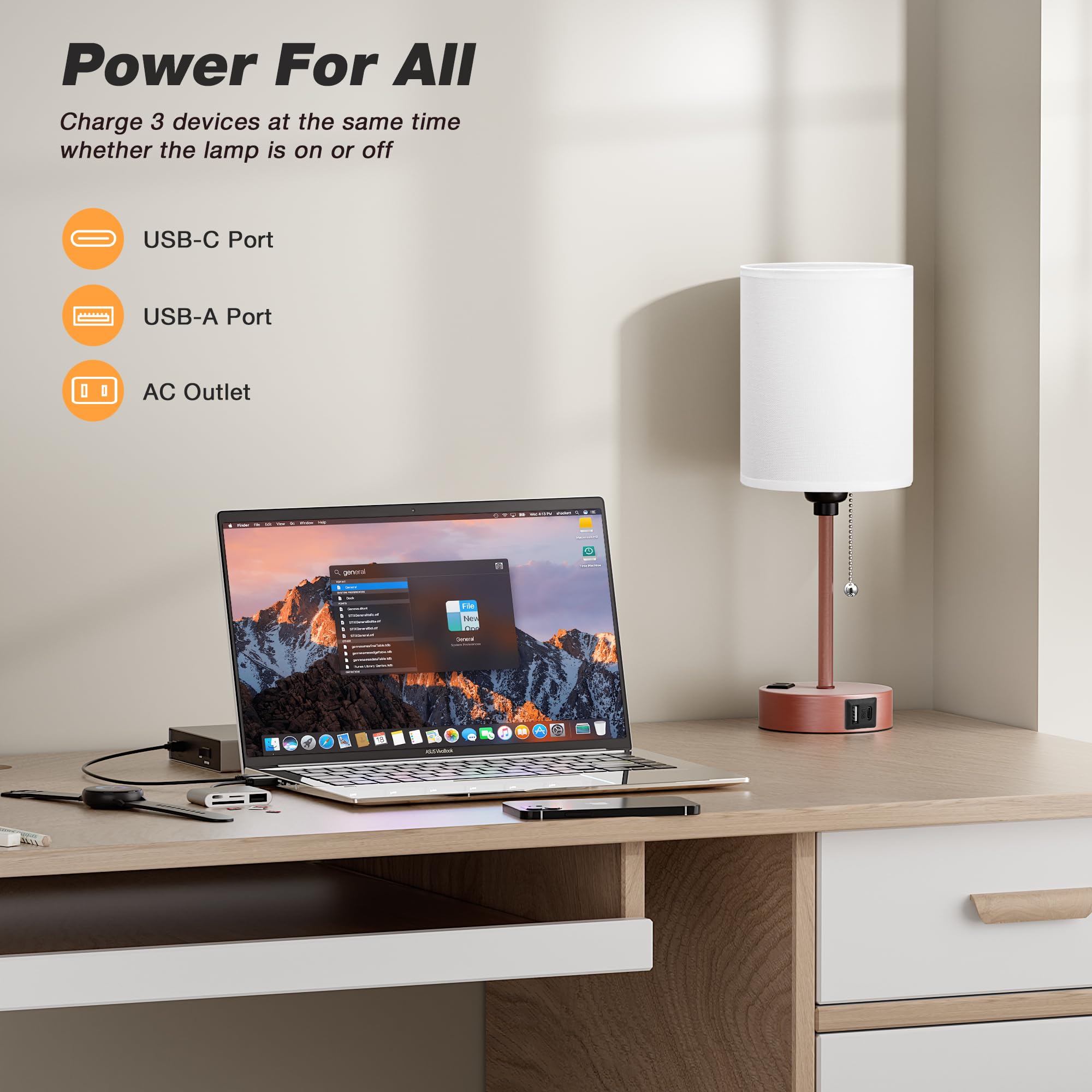 Dicoool Small Bedside Table Lamp For Bedroom - 3 Color Temperatures Brass Bedside Lamps With Usb C And A Ports, Pull Chain Table
