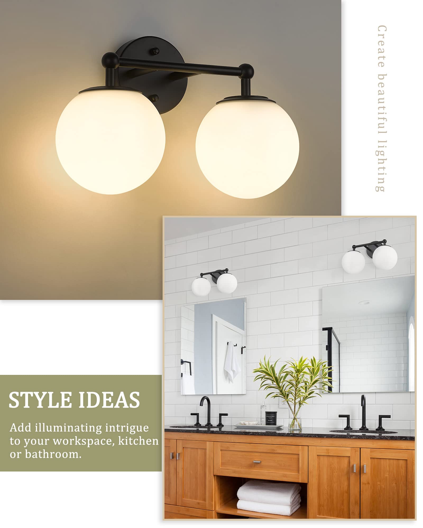 Akezon Black Vanity Light, 2 Light Black Modern Bathroom Light Fixtures Over Mirror With White Milk White Globe Glass Shade For Bathroom