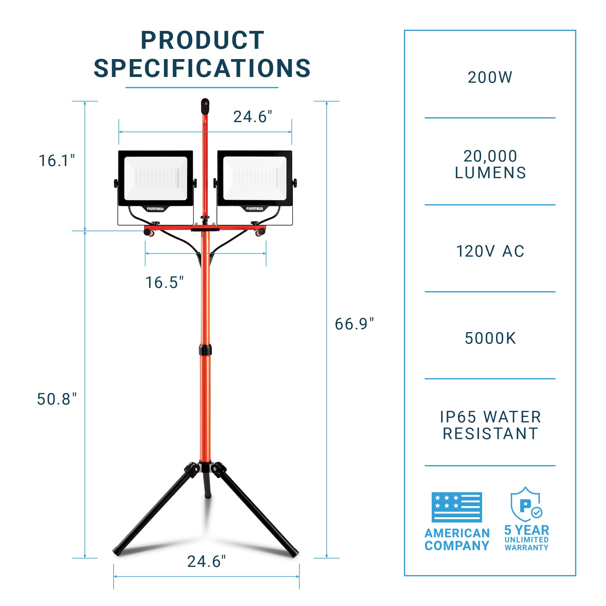 Parmida Led Dual-Head Work Light, 6Ft Adjustable Tripod Stand, 20,000 Lumen, 200W, Ul Approved Power Cord, Durable Aluminum Body