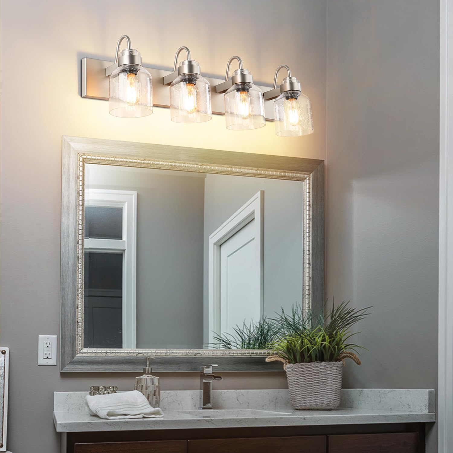 PRESDE 4-Light Bathroom Vanity Fixtures, Brushed Nickel with Bubble Glass Globes, Aluminum, Model e6a55109-c6e9-45bd-9b42-bb5