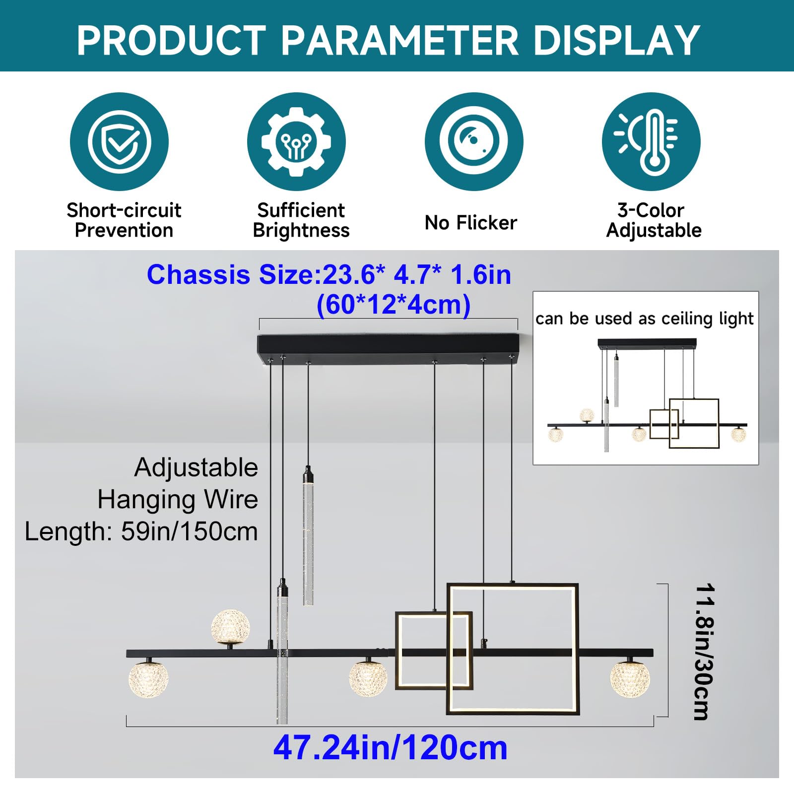 ORANOOR Modern LED Pendant Light, 47in Dimmable Black & Gold Chandelier for Dining Room, Model 8417