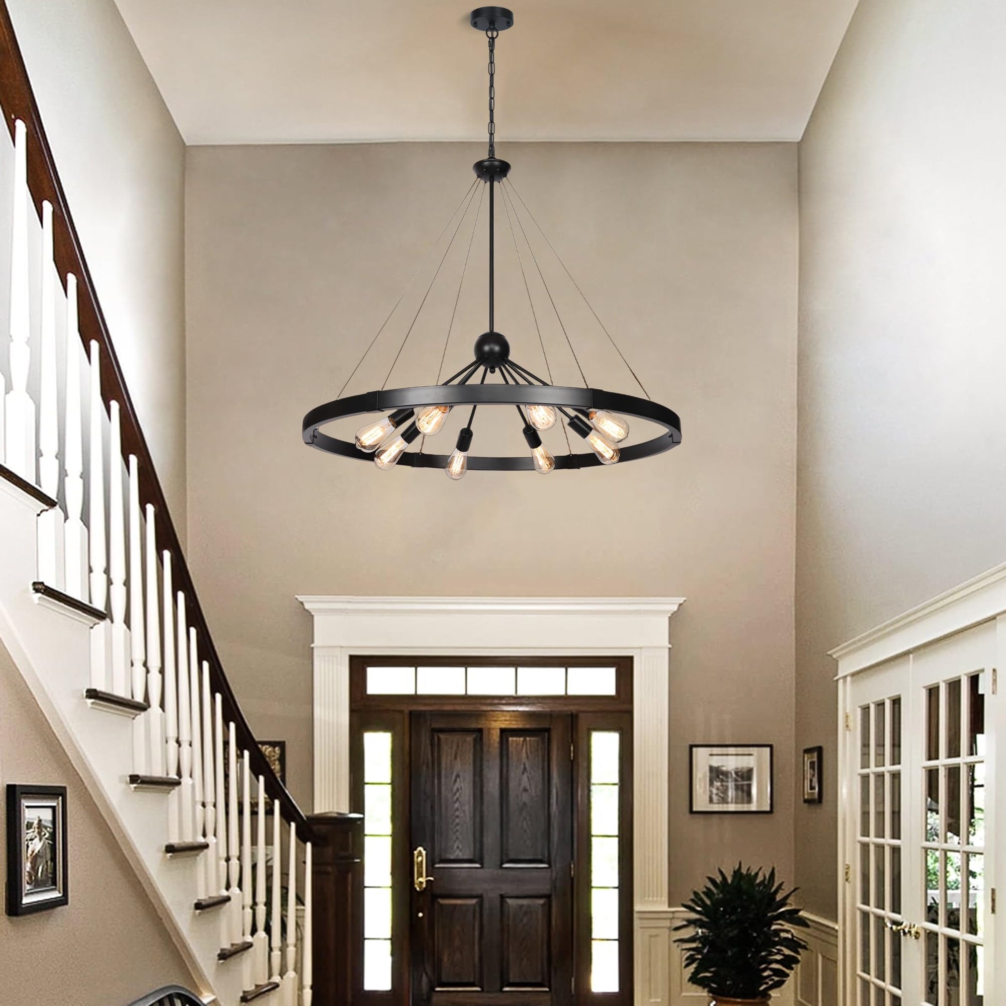 Klgxnrd 38.2'' Large Black Wagon Wheel Chandelier For Dining Room, 8-Light Country Round Metal Pendant Light Fixtures For Living