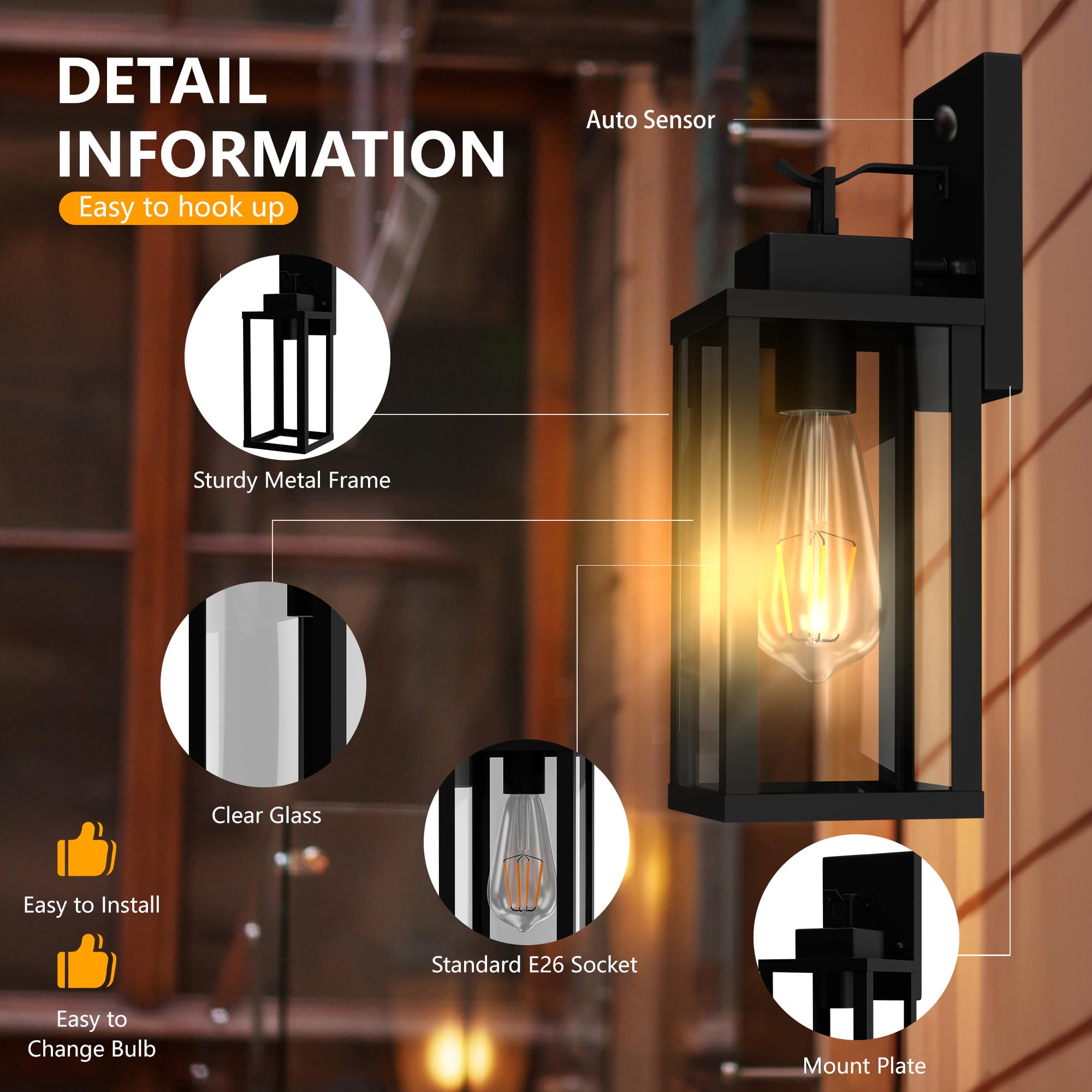 Kainozoic Motion Sensor Outdoor Wall Lantern, Waterproof, Black, Metal, Model 902, 1 Pack