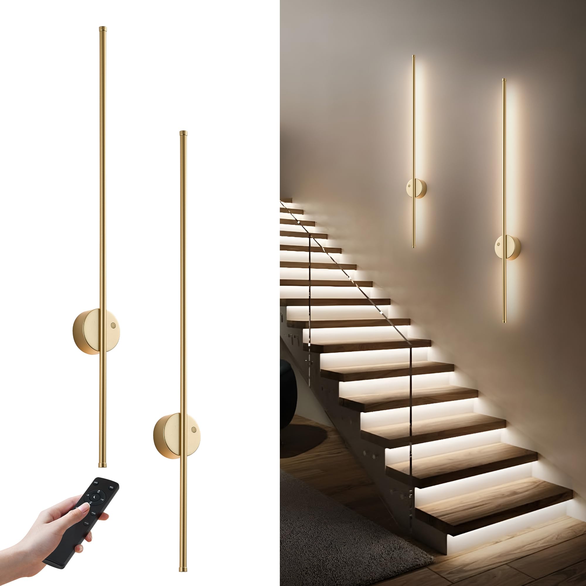 KARTOOSH Motion Sensor Wall Sconce Set of Two, Wireless, Dimmable, Gold, 39.3 Inch, Model ZM330BGD100