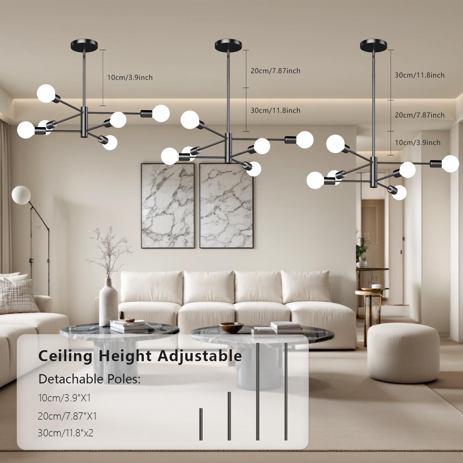 Eugitrains 6-Light Modern Sputnik Chandelier, E26 Base Branch Height Adjustable,Mid Century Chandelier Pendant Light For Dining