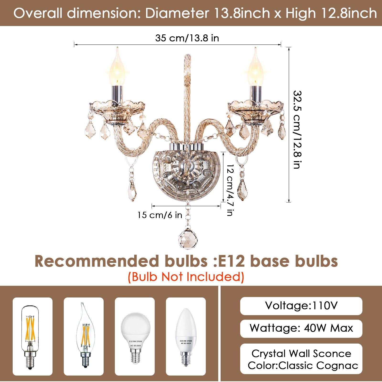 Crystop Elegant Classic Crystal Wall Sconce, Candle Sconces Wall Decor Set Of 2 Perfect Hang On The Wall For Living Room Bathroo