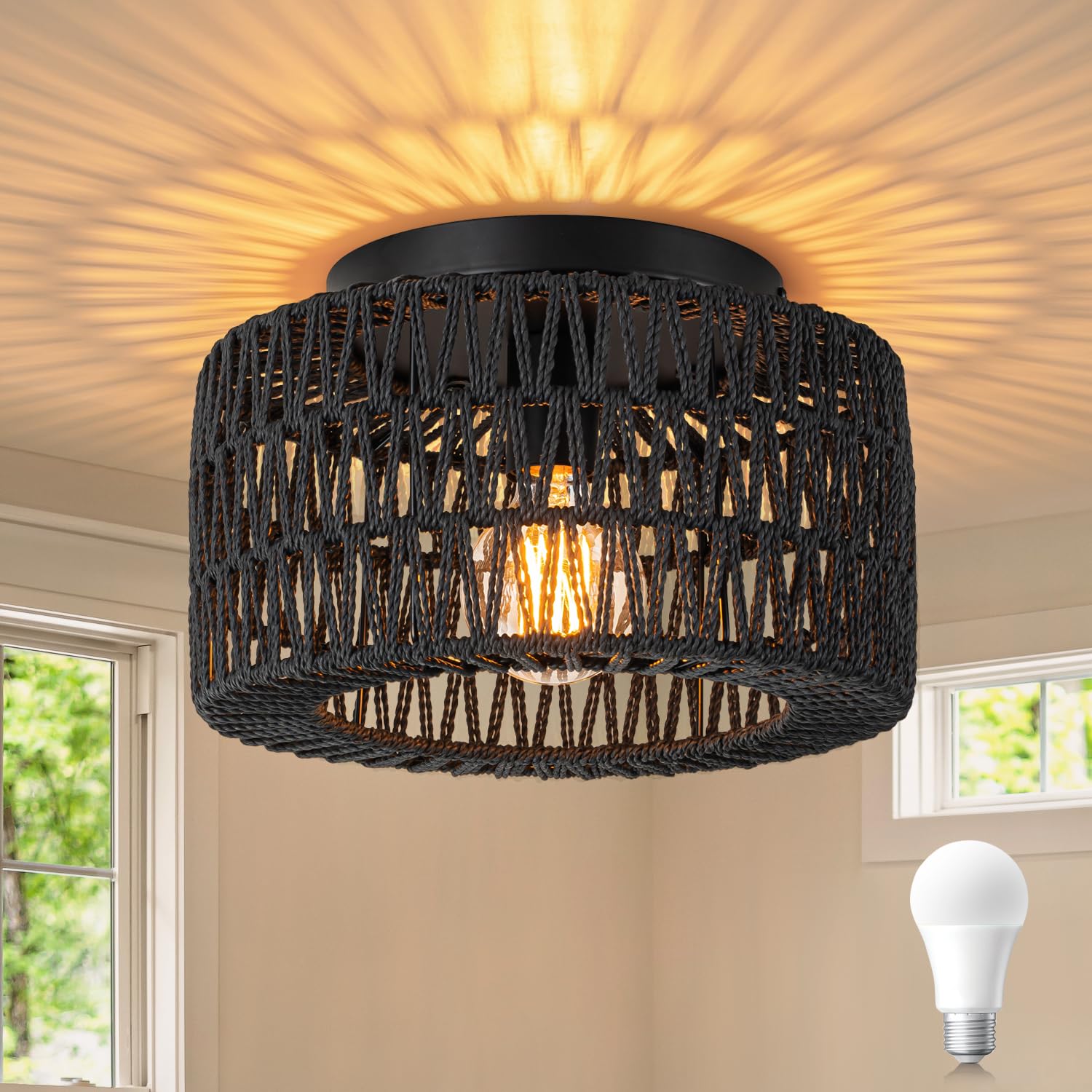 Sinerise Rattan Ceiling Light Fixtures (12-Inch, Led Bulb Included), Hand-Woven Boho Flush Mount Ceiling Light, Rattan Chandelier For Hallway Kitchen Farmhouse Foyer Entryway Living Room(Black)