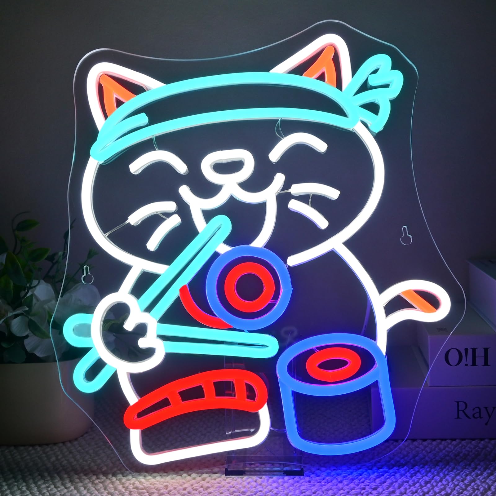 Wanxing LED Neon Sign, Ramen Cat Sushi Light, USB Powered, Dimmable, 12.6inx13.8in, Colorful Sushi Cat Decor for Home and Office