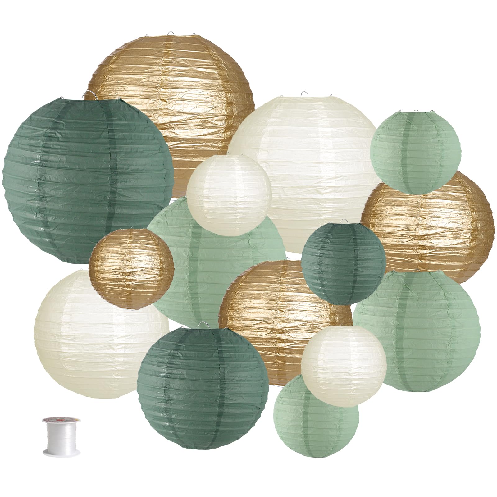 zilue Paper Lanterns Decorative, Round Hanging Paper Lanterns Decorations for Rustic Party Bridal Shower Wedding Sage Green Birthday Party Supplies Gold/Ivory/Sage Green 15pcs