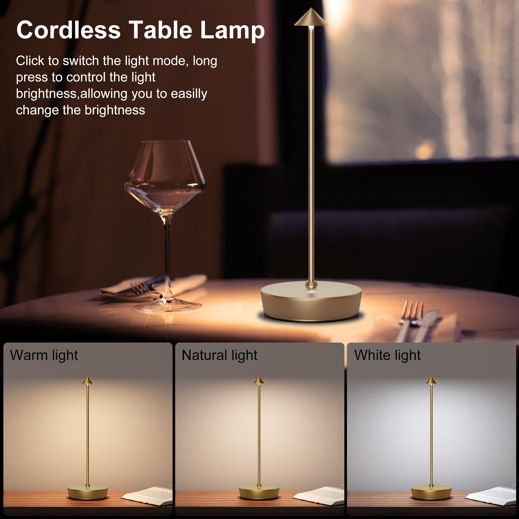 JALVDE Cordless Table Lamp, Rechargeable LED, Dimmable, Aluminum, Set of 2, Titanium, Model D-W-07