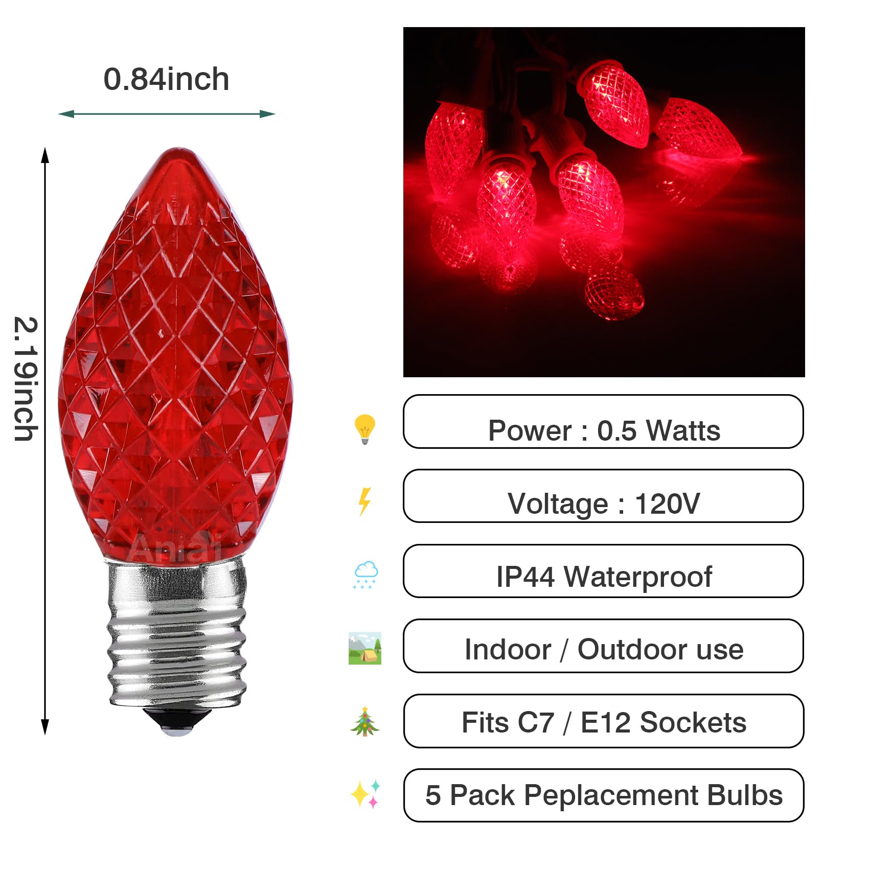 Aniai C7 LED Christmas Light Bulbs - 5 Count E12 Base Replacement - Commercial Grade Red