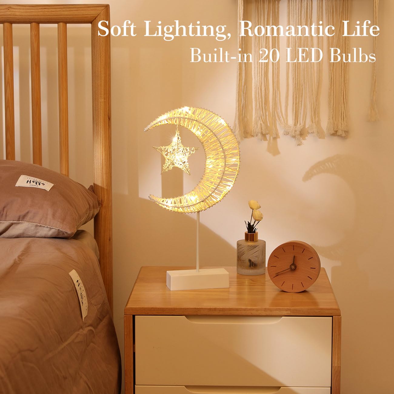 Lewondr Decorative Table Lamp, Christmas Moon Star Ramadan Desk Lamp Battery Powered Warm Led Crescent Light For Xmas Home Bedroom Bedside Desktop Nightstand Decoration, White