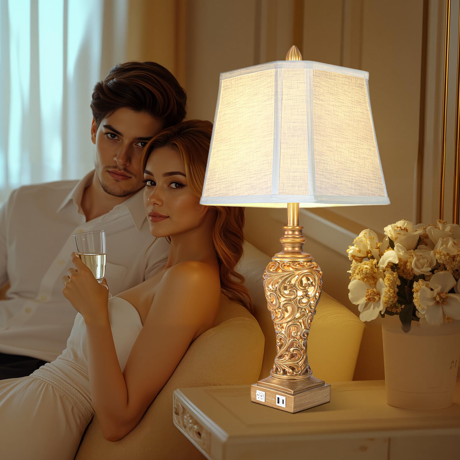 Vintage Table Lamps Set Of 2, 28.5'' Tall Antique Gold Bedside Lamps With Fabric Shades, Usb A+C Charging Ports & Night Light, F