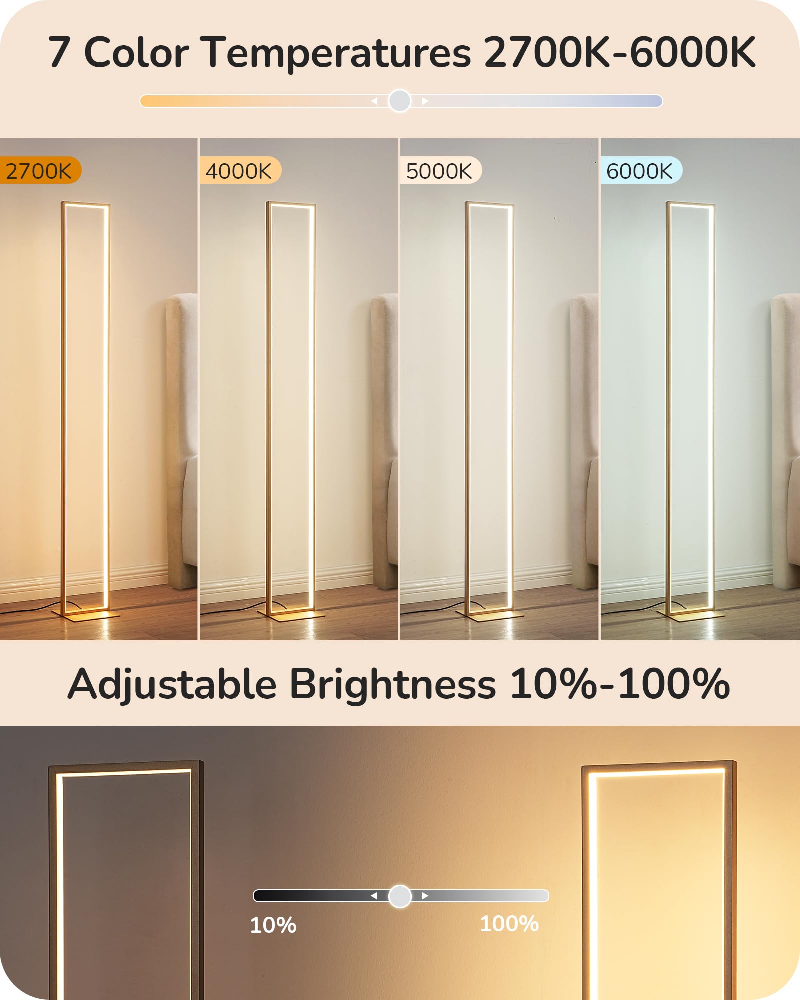 EDISHINE LED Floor Lamp - 55" Gold Modern Minimalist Corner Light, Dimmable 3000K-6000K, Remote & Foot Switch, Aluminum, Model TF0514