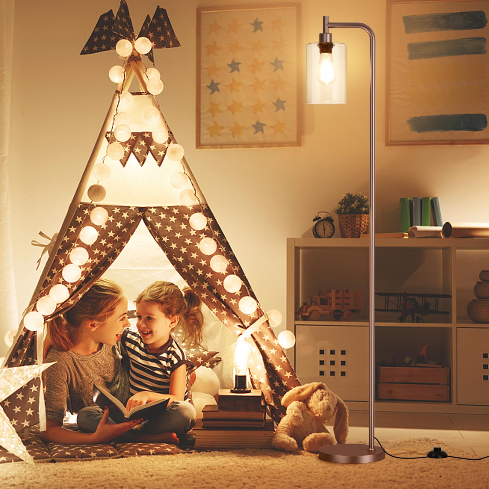 Ziisee Floor Lamps For Living Room - Industrial Standing Lamp With Glass Shade, Modern Floor Lamp With Led Bulbs, Farmhouse Floor Lamp For Bedroom, Tall Lamp For Office - Brown