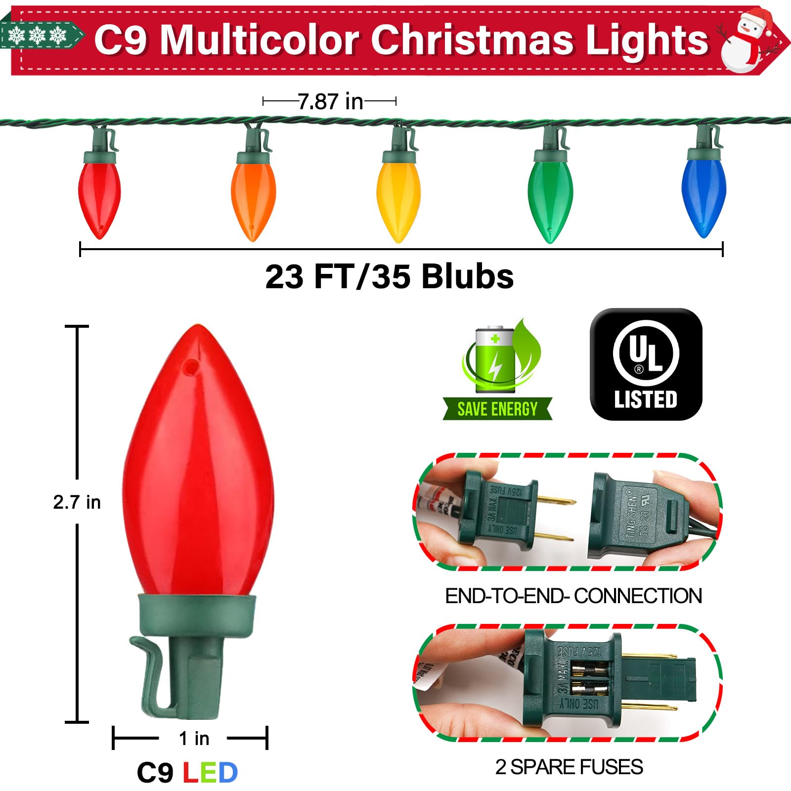 C9 Christmas Lights Outdoor, 23Ft 35Led C9 Vintage Christmas Led Lights C9 Multicolor Bulbs C9 Christmas String Lights Plug In F
