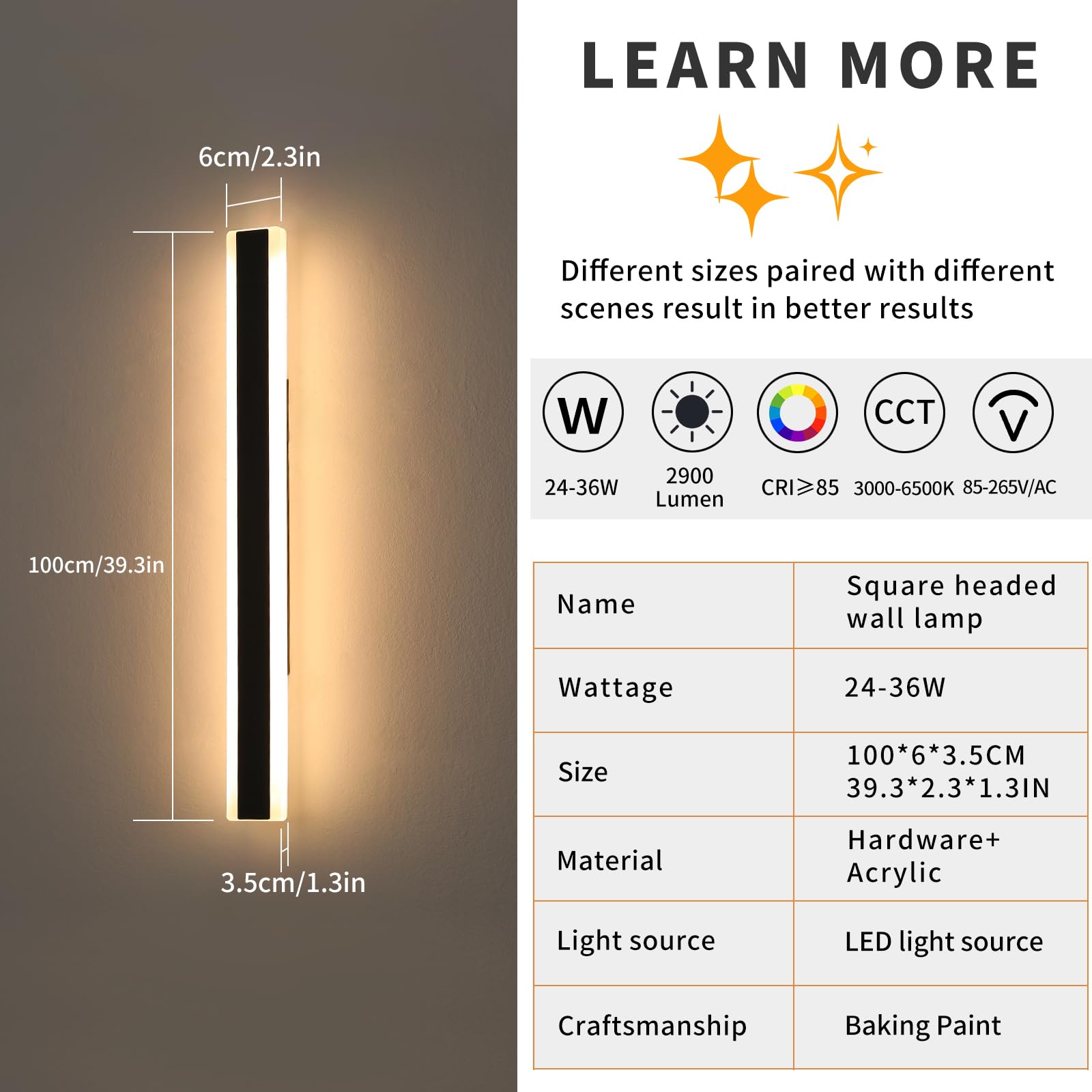 Mikeru 39inch Dimmable Outdoor Wall Light Fixtures, LED Porch Light, Model FTBD-2, Acrylic, 3000-6000K, 2-Pack