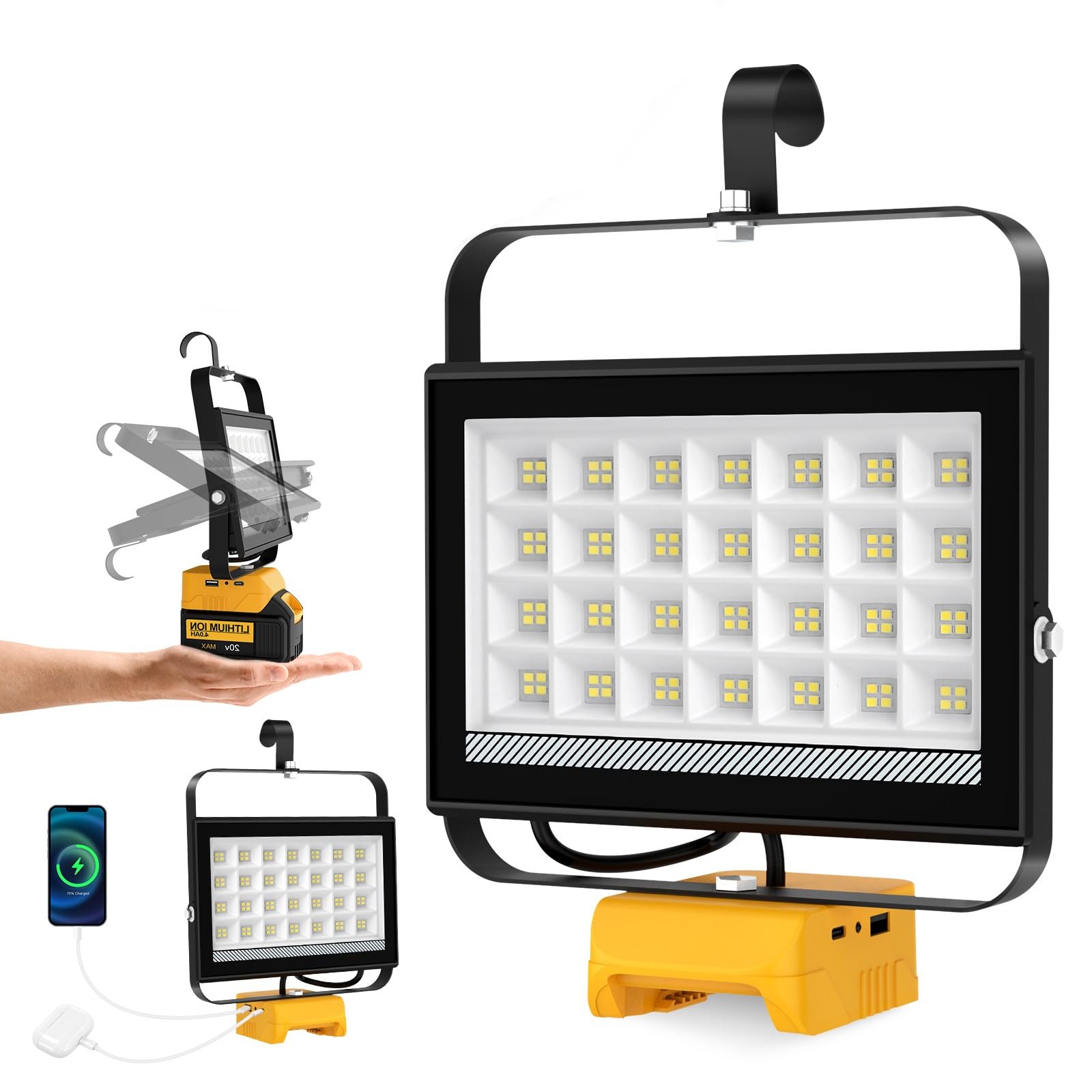 T-SUNiceM Cordless LED Work Light, 100W 7000LM, Aluminum, Yellow, Model TS-F0470-60-DW, USB & Type-C Charging, 140