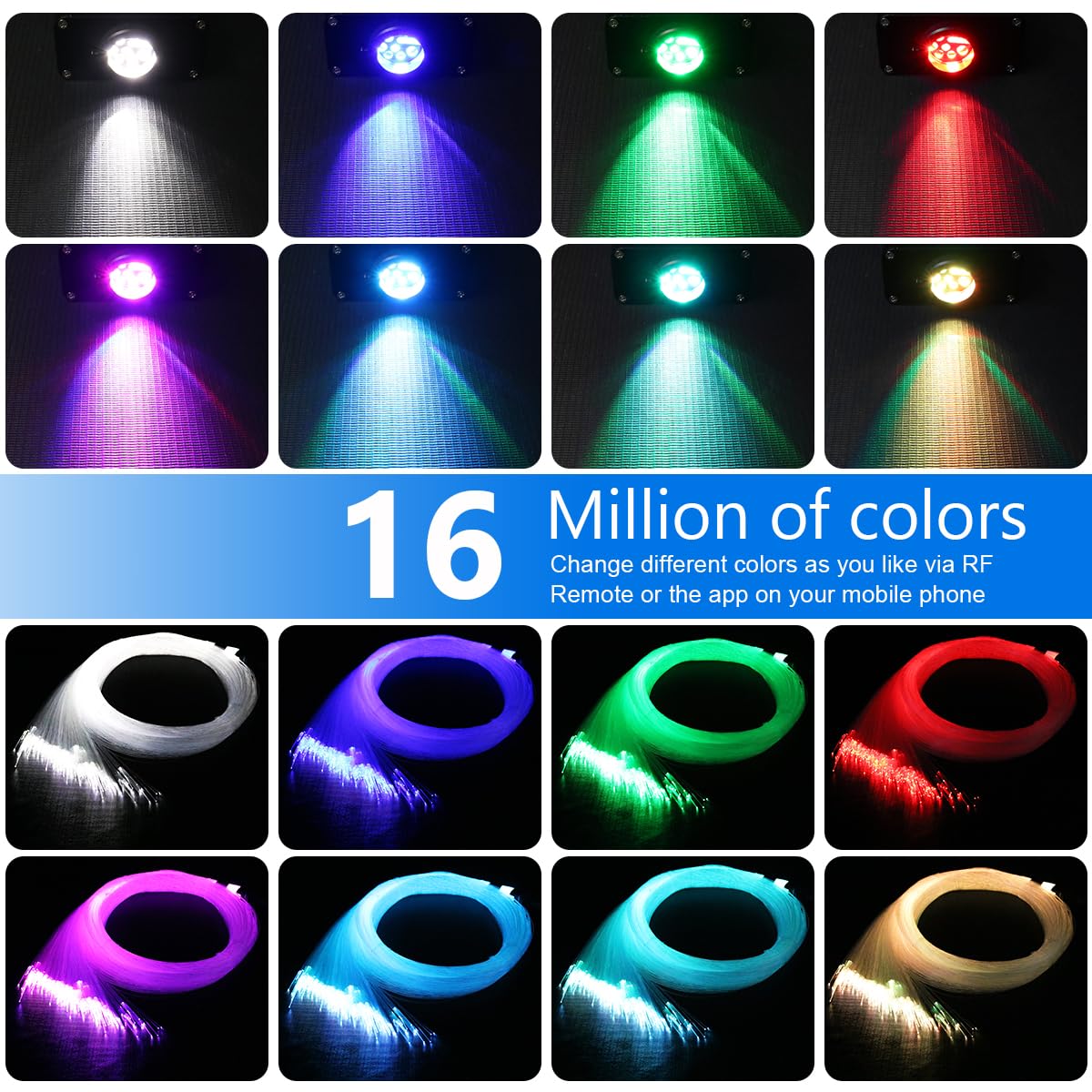 Azimom 16W Fiber Optic Starlight Headliner Kit - 300Pcs Remote Control Car & Home Decoration