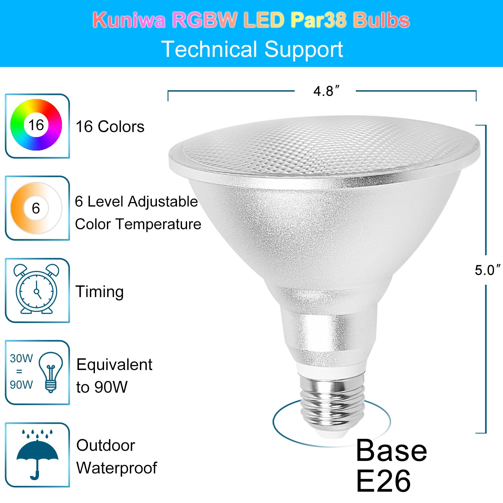 Kuniwa 2 Pack Par38 Flood Light Bulbs Outdoor 30W, Led Color Changing Spotlight Waterproof, 100W Equivalent, Timing, Remote, Rgb