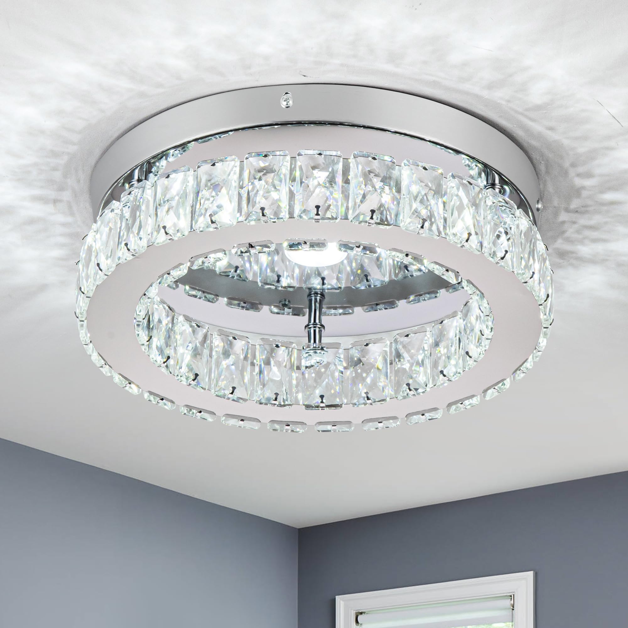 HOPGGIE 12 Inch Crystal Chandeliers LED Ceiling Light Flush Mount Ceiling Light Fixtures Modern Chandelier Light for Kitchen Clo
