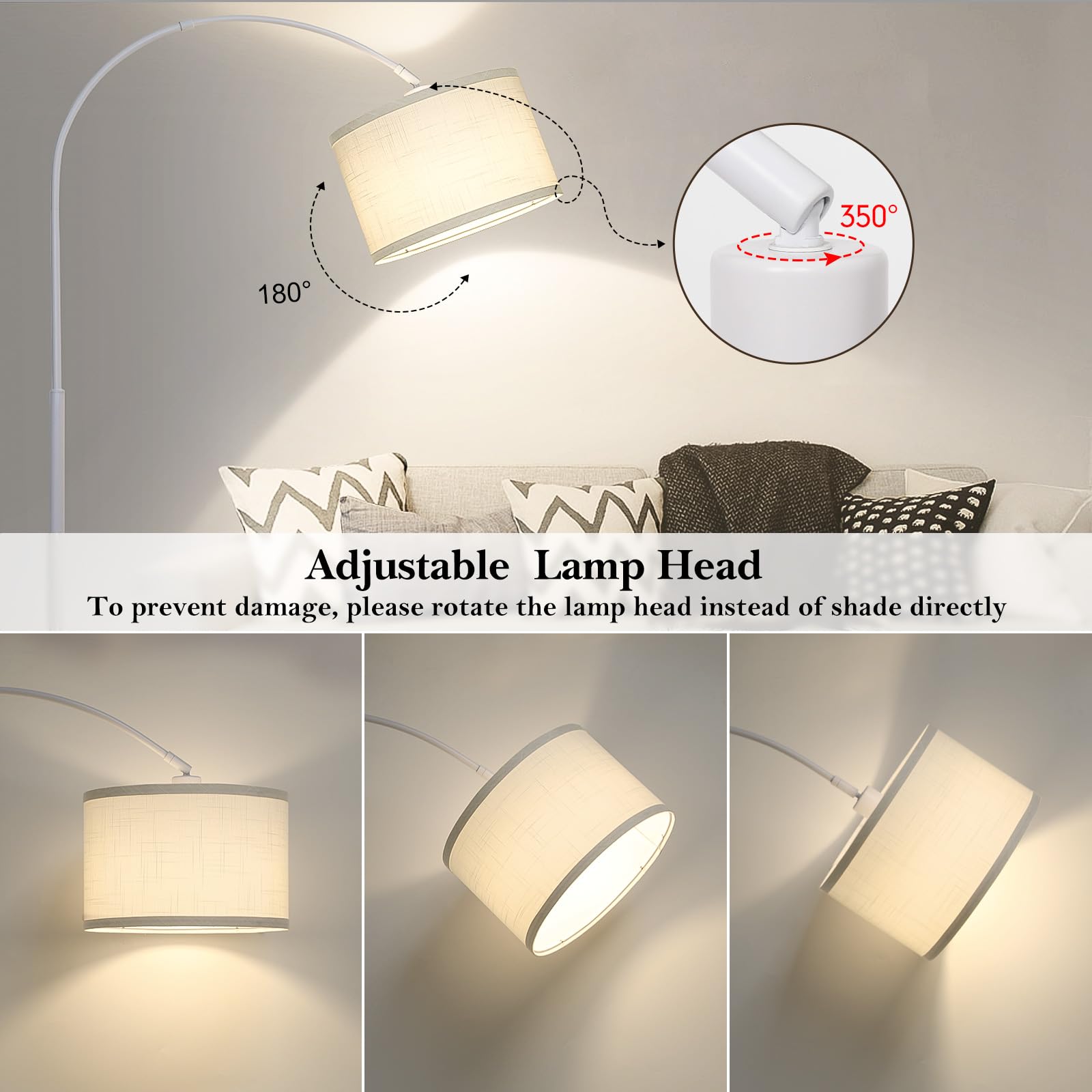 White Arc Floor Lamp, Modern Floor Lamp For Living Room With Adjustable Lamp Head, Tall Pole Standing Lamp With On/Off Pedal Swi