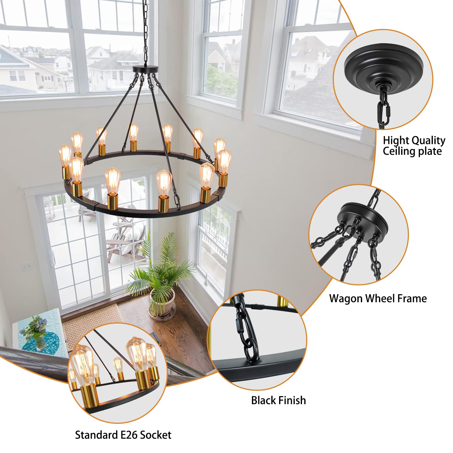 Rviezza 31.5 12 Light Wagon Wheel Chandelier Black Gold, Farmhouse Chandelier, Rustic Dining Room Light Fixture, Vintage Round P