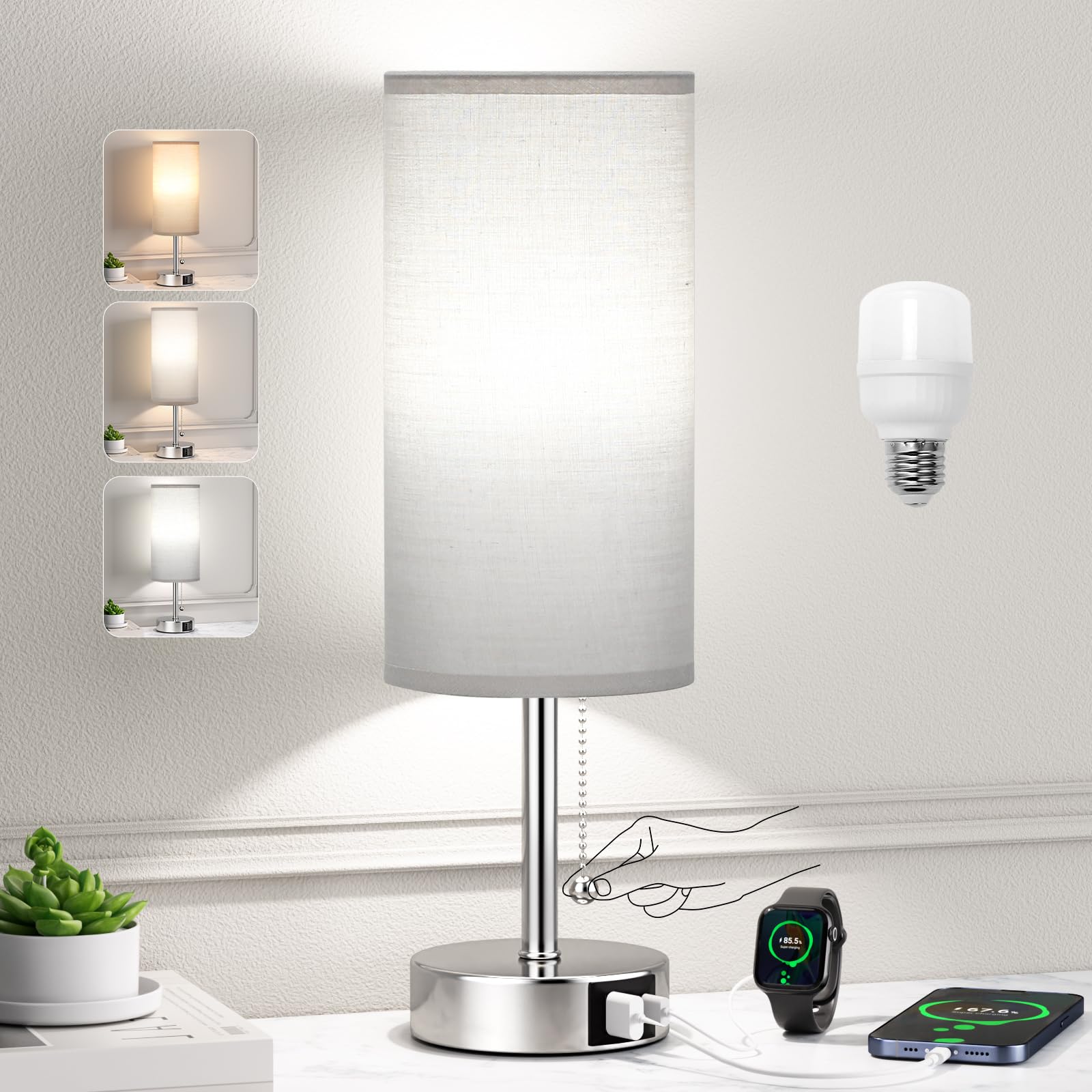 Grey Table Bedside Lamp for Bedroom Nightstand - Small Silver Lamp with USB A + C Charging Port, 3 Color Temperatures Pull Chain