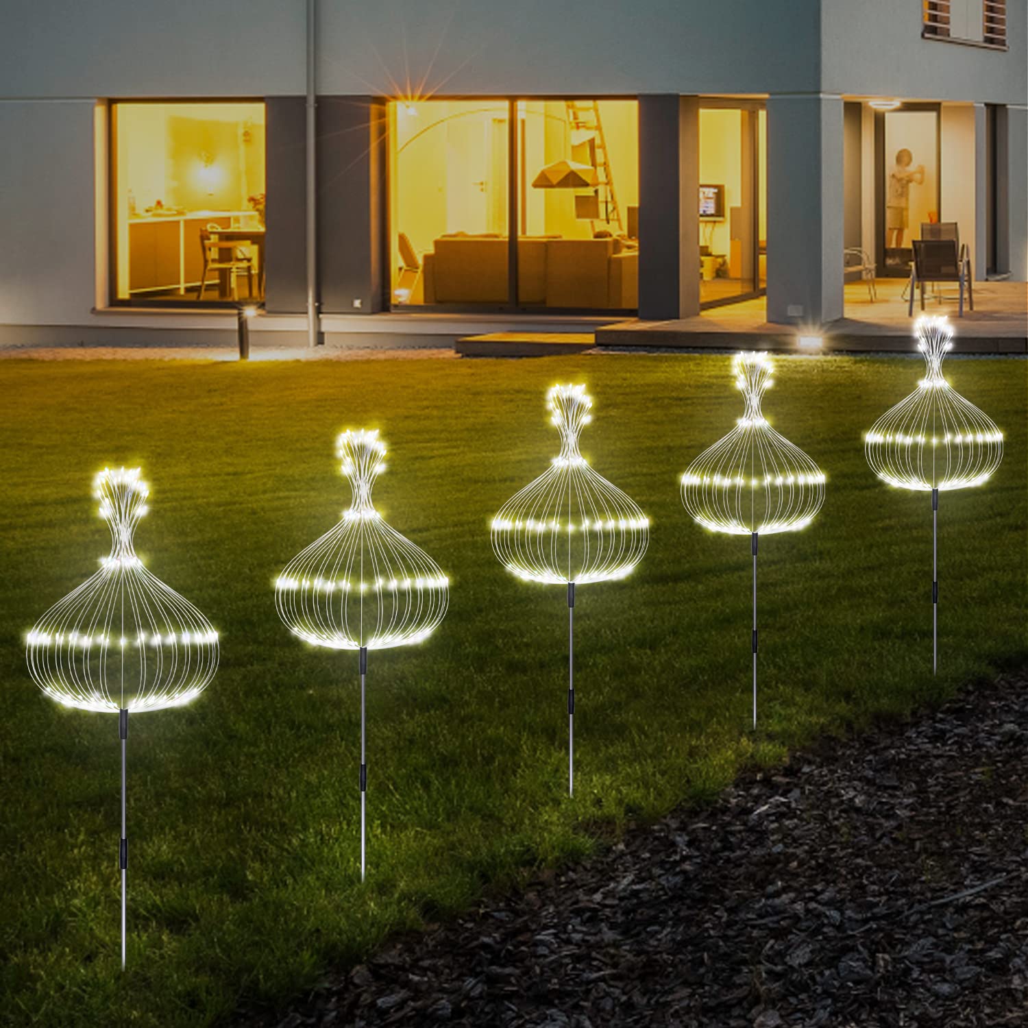 Solar Garden Lights Outdoor Fireworks Lights, 5 Pack Decorative Solar Lamps Waterproof String Lights Diy Fairy Stake Landscape Light 8 Modes With Remote For Lawn Backyard Patio Pathway(Cool White)
