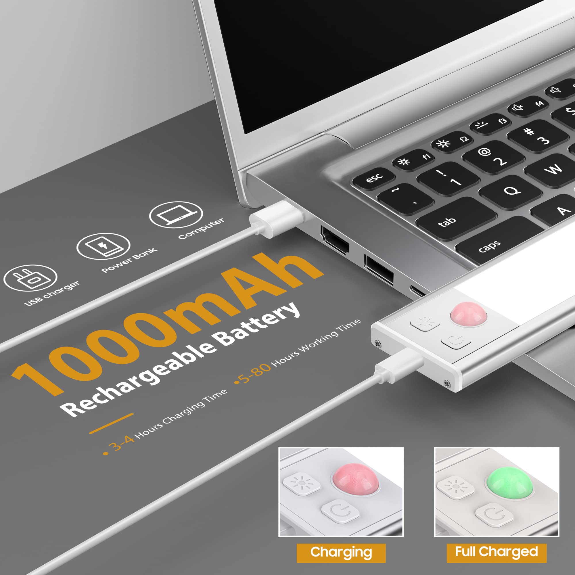 Dealgadgets Under Cabinet Lights, 3-Color Motion Sensor Led, Usb-C Rechargeable, 8.07&quot; -