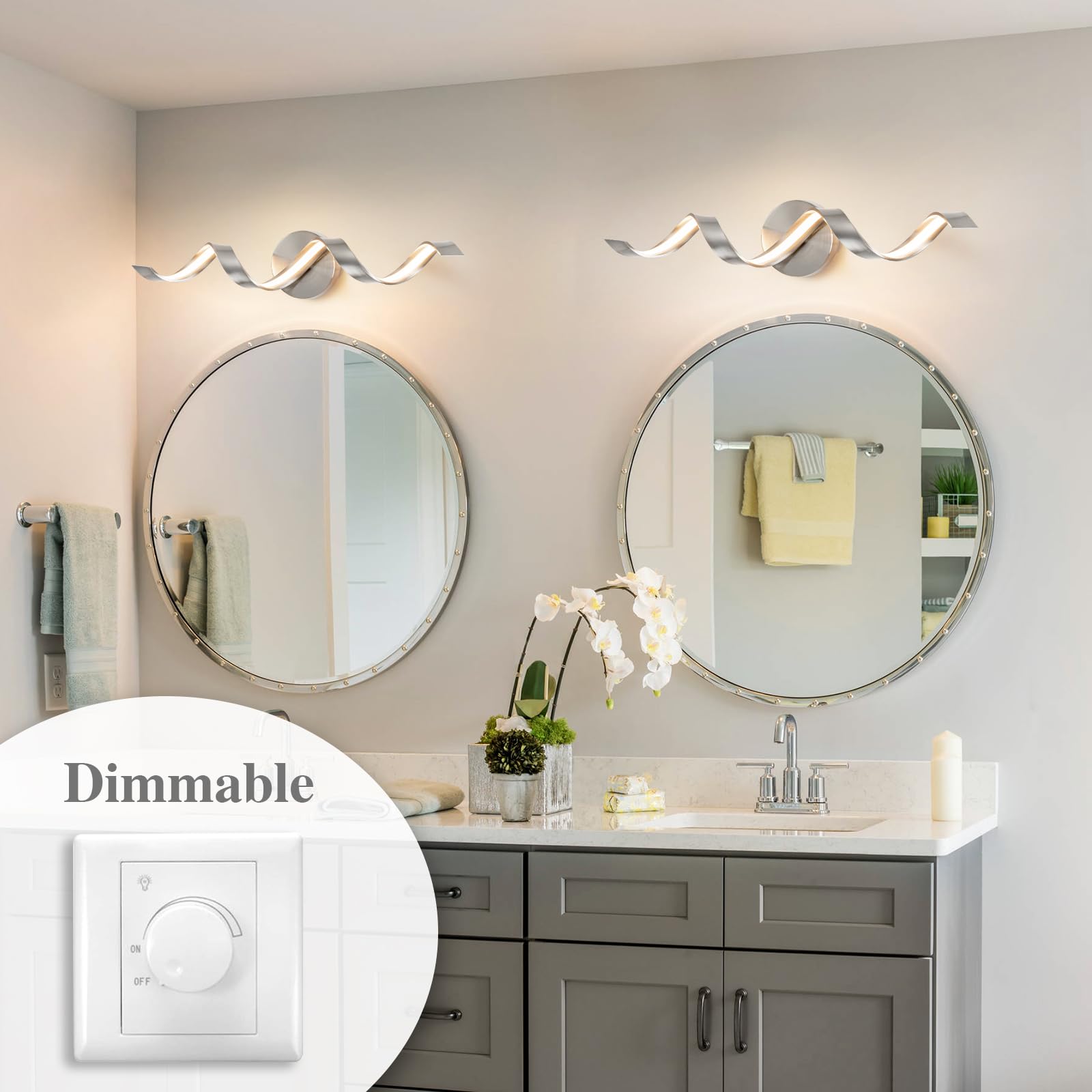 Huoku 24" Dimmable Modern Led Bathroom Vanity Light, Spiral Design, Brushed Nickel, 3000K