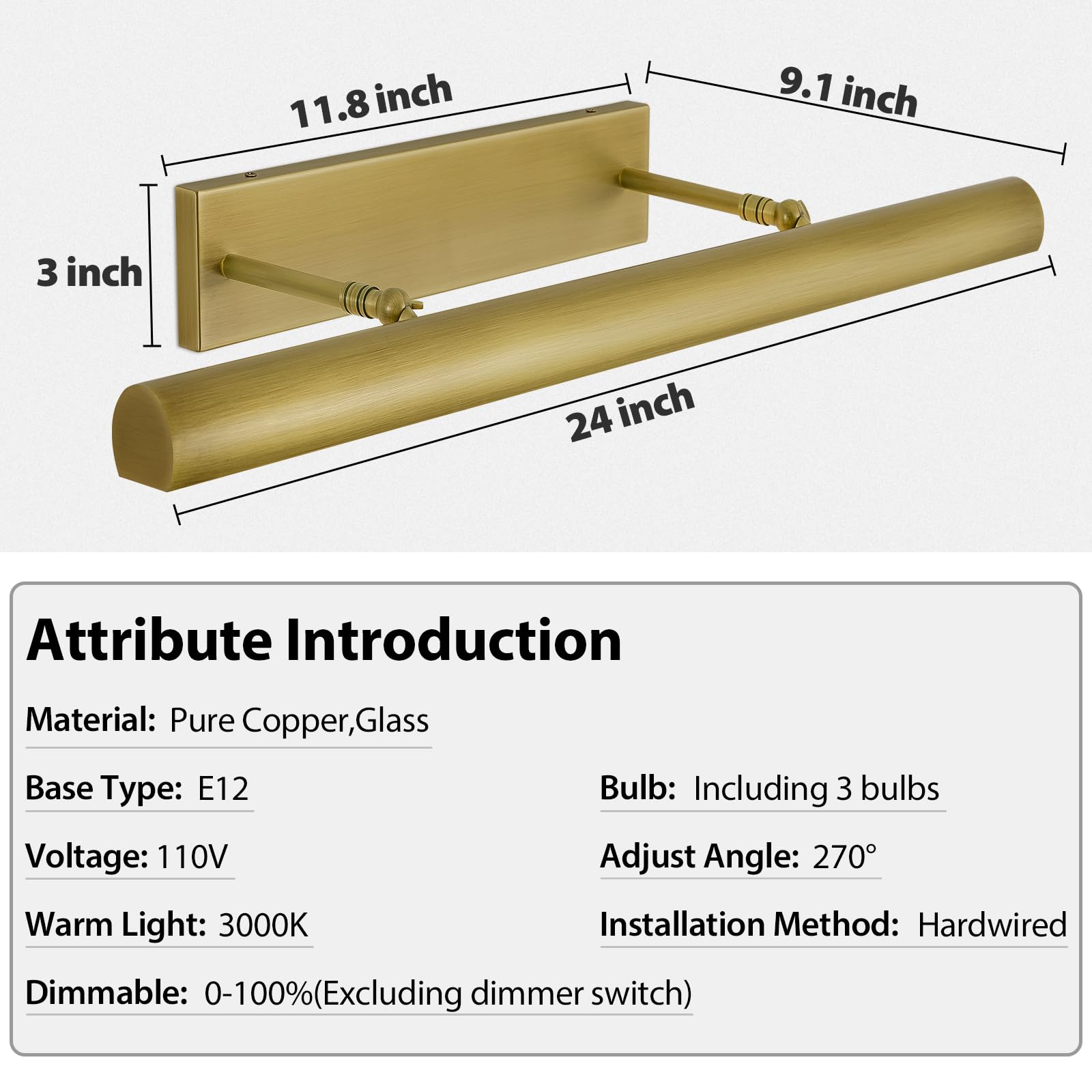Pioutnf Brass Picture Lights For Wall, 24Inch Hardwired Gold Picture Lights, Art Lights For Wall, Rotatable Picture Frames Light