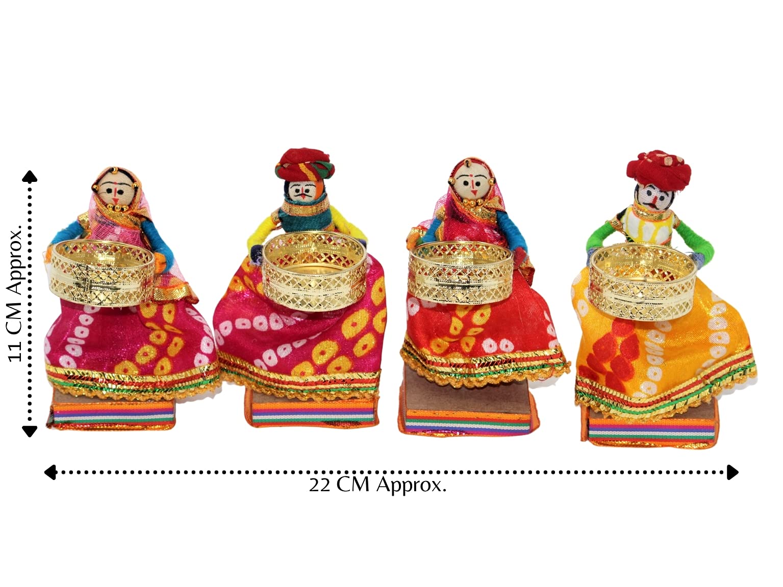 JH Gallery Recycled Martial Rajasthani Standing Dolls Tealight Candle Holder, Multicolor (2 Pair)(4 Candle Holders)