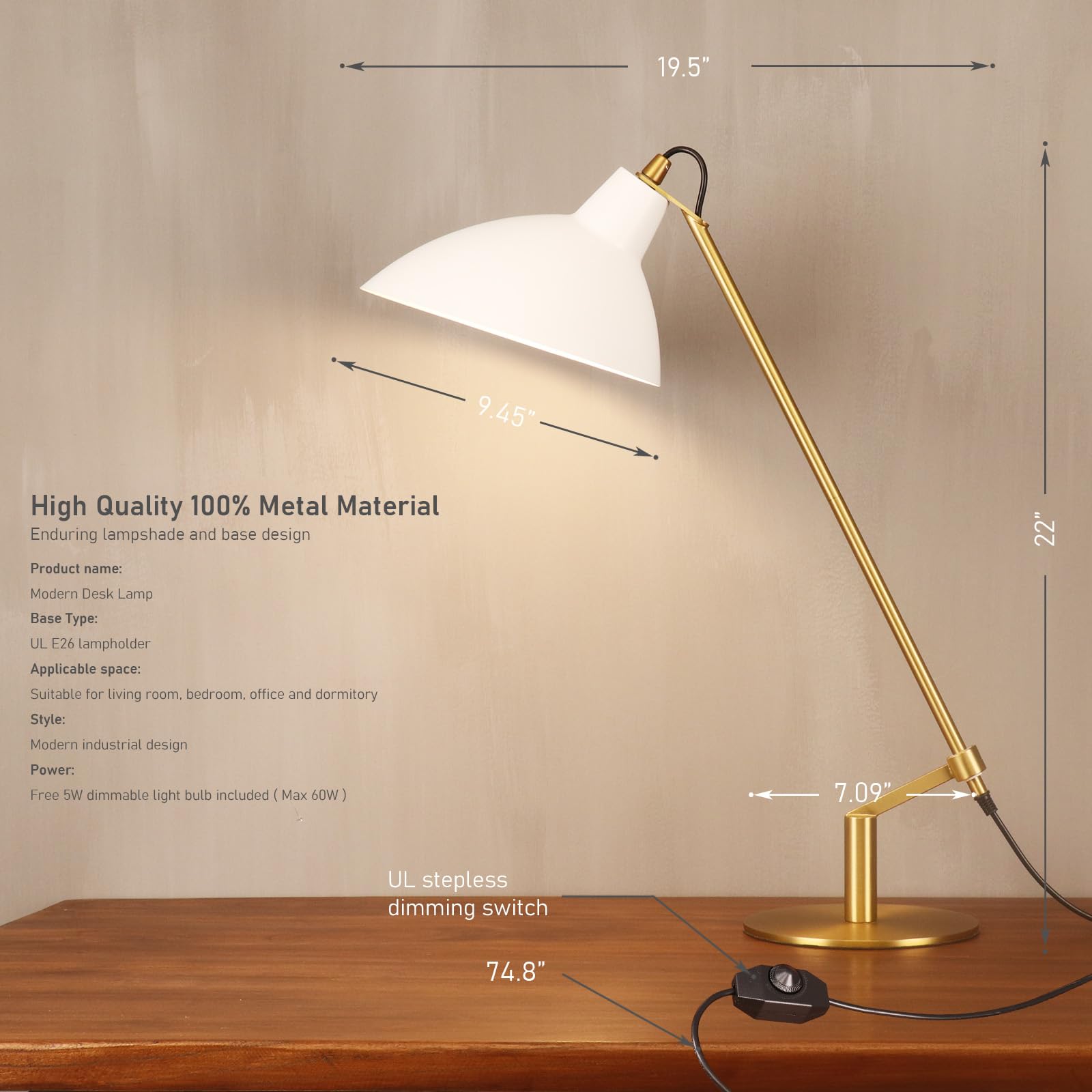 PSDSSHIIS Desk Lamp Modern Industrial 22in Metal Table Lamp Soft White Light 3000K Adjustable Switch White+Brass PS006
