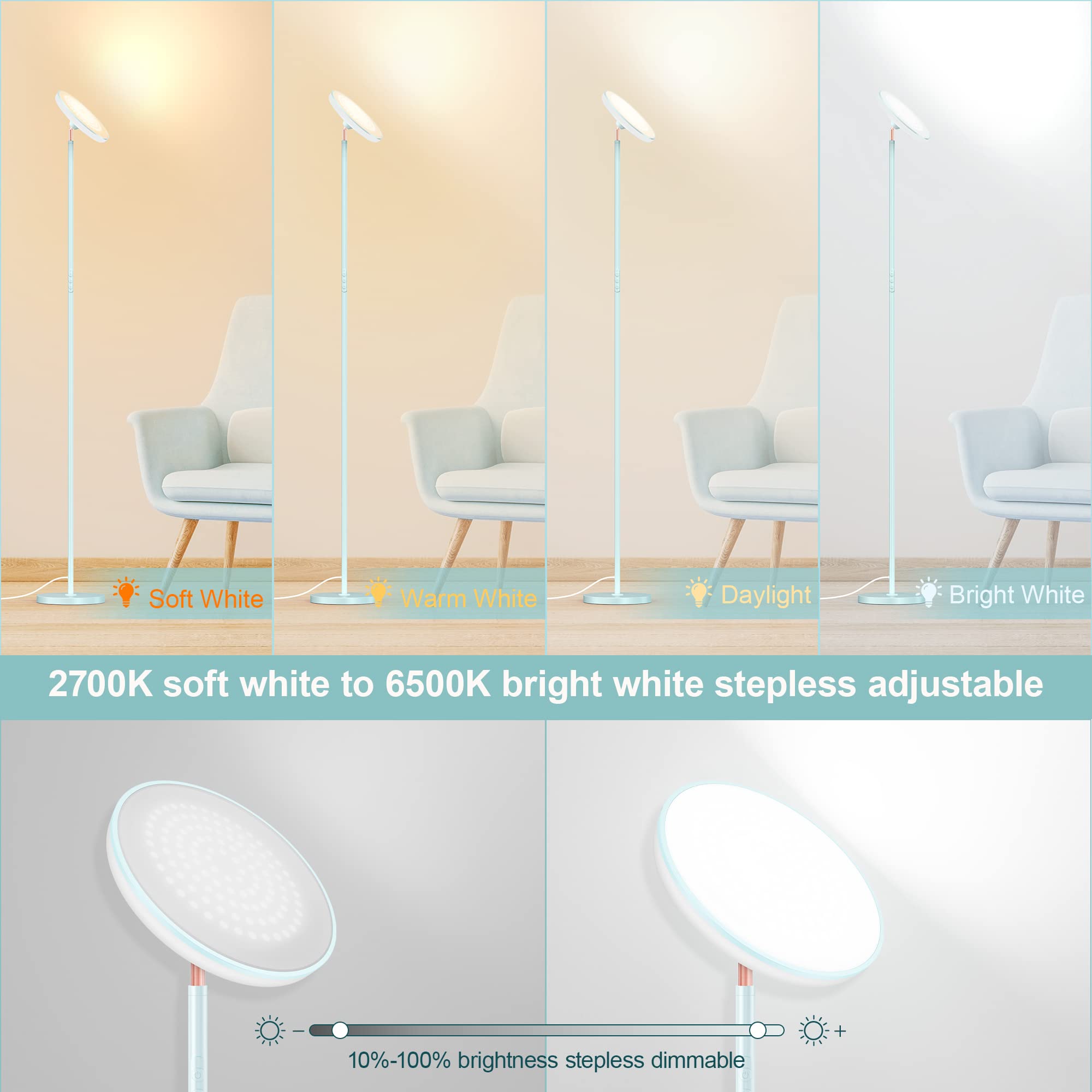 Floor Lamp, 42W 3700Lm Modern Torchiere Sky Led Lamps, Super Bright Tall Standing Pole Light With Remote, 4 Color Temperature, M