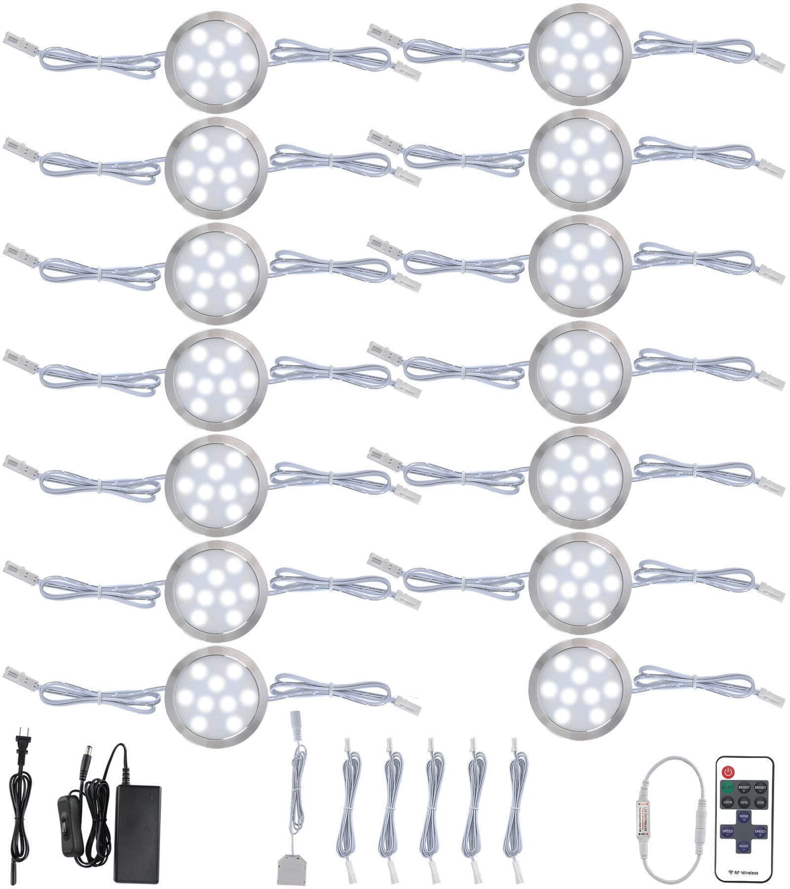 Meigour Direct Wired Under Cabinet LED Puck Lighting Kit, Linkable and Wireless Remote Control Dimmable Accent Lighting, 120Vac