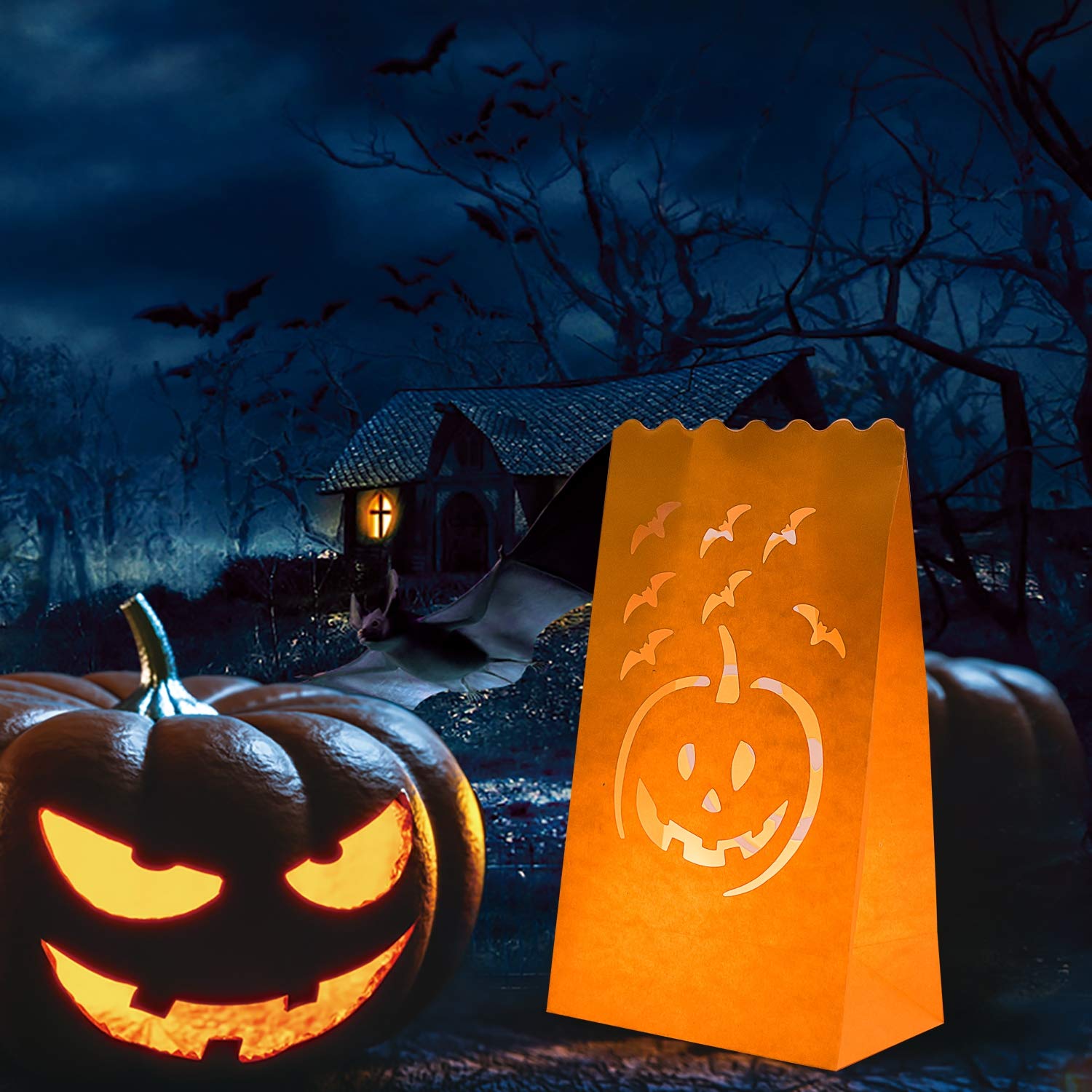 Homemory 24 Pack Halloween Luminary Bags, Orange Tea Light Candle Bags For Halloween Decoration, Parties, Fall Festival