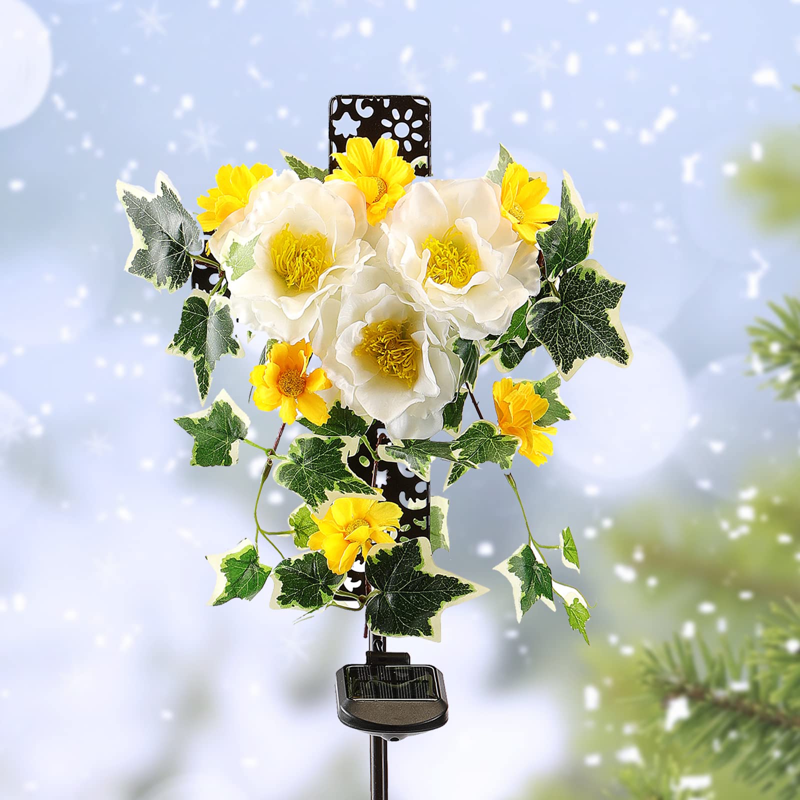 Starryfill Solar Cross Stake Lights With 3 Flowers - Decorative Led For Outdoor Remembrance