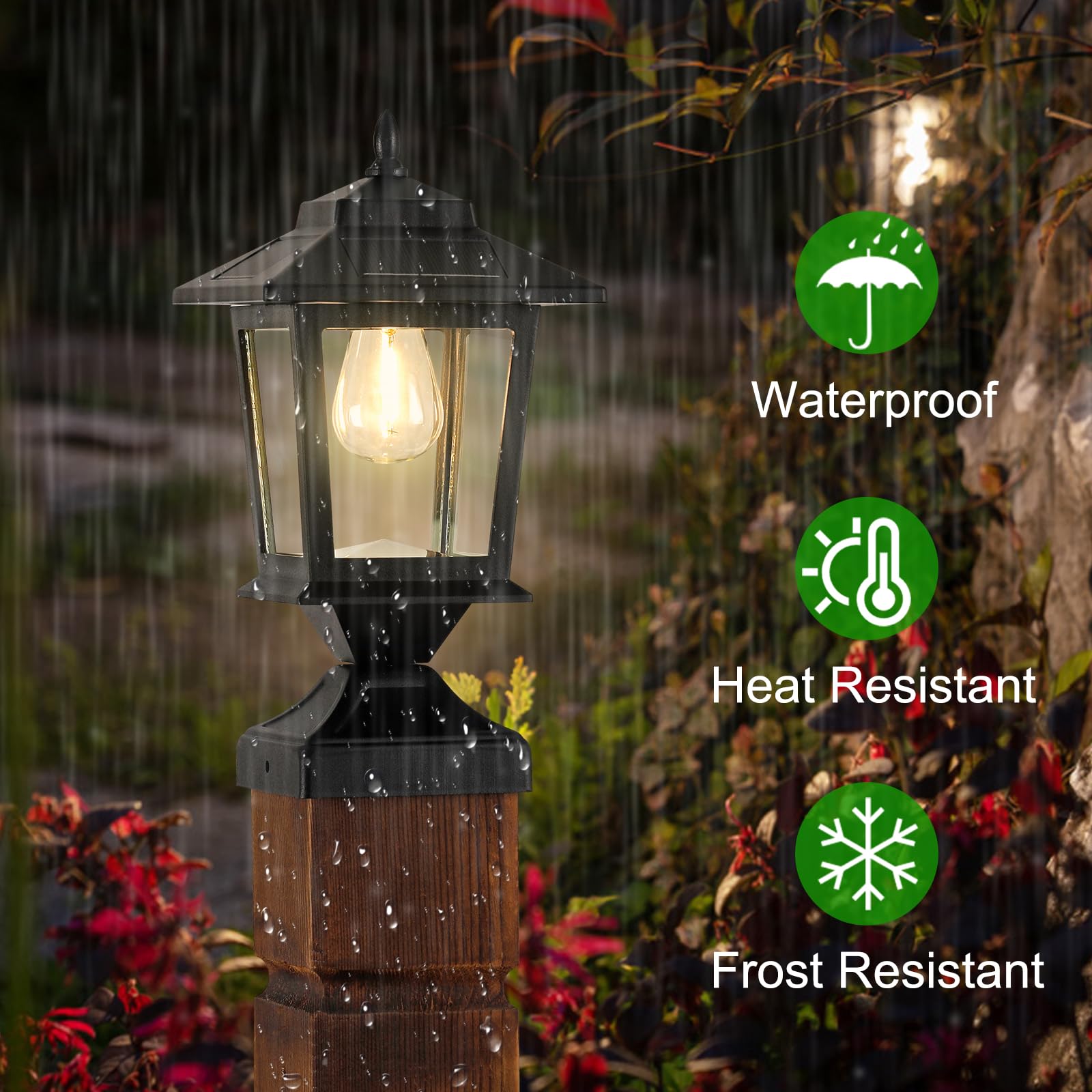 Derynome Solar Post Cap Lights - Waterproof Outdoor Lighting for 4x4 Wooden Posts, Glass Shade, Matte Black, Model SPCL002 (2 Pack)