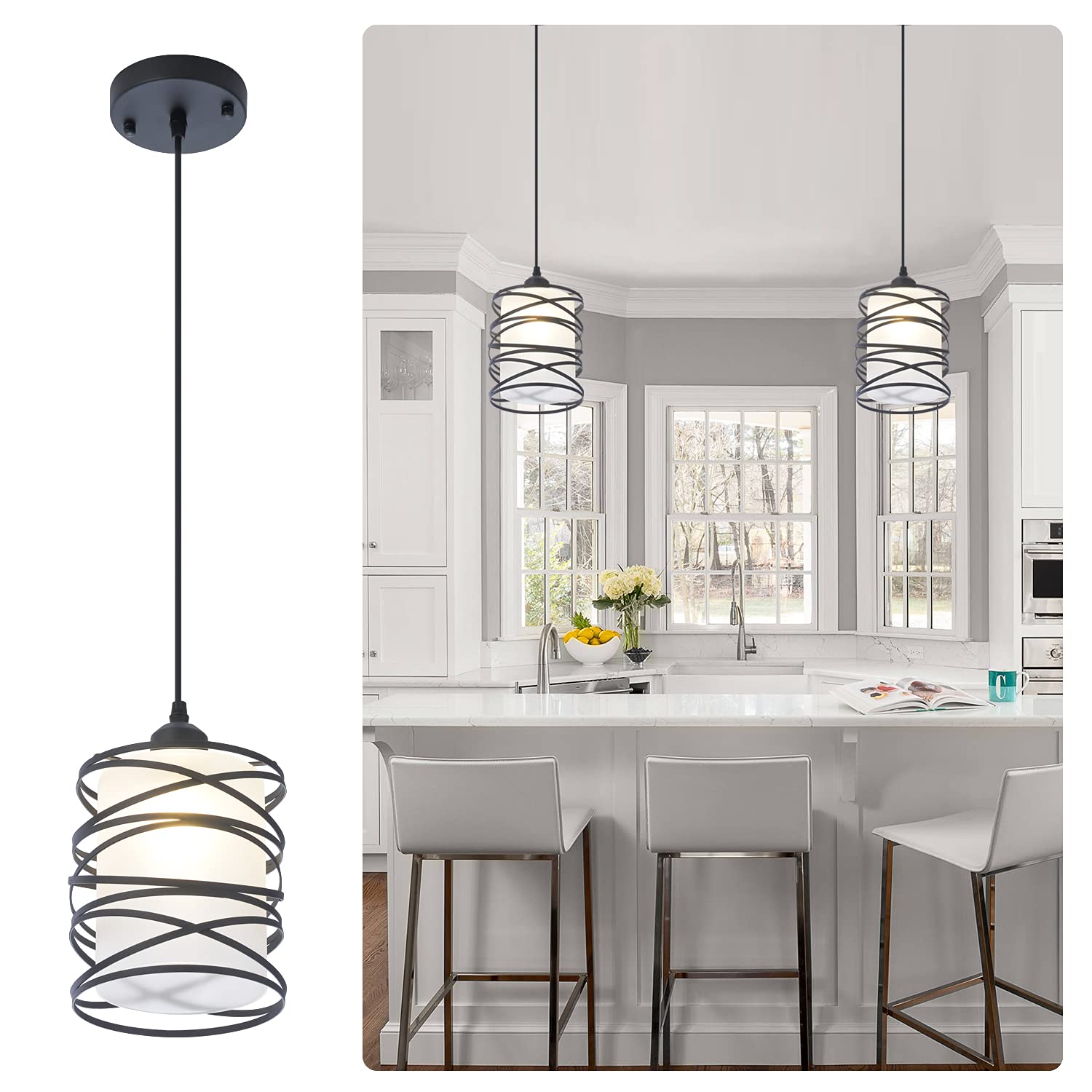 Modern Mini Pendant Light Fixture Kitchen Island Pendant Lighting 6.30''Matte Black Spiral Cage And Handblown Frosted Haze Glass