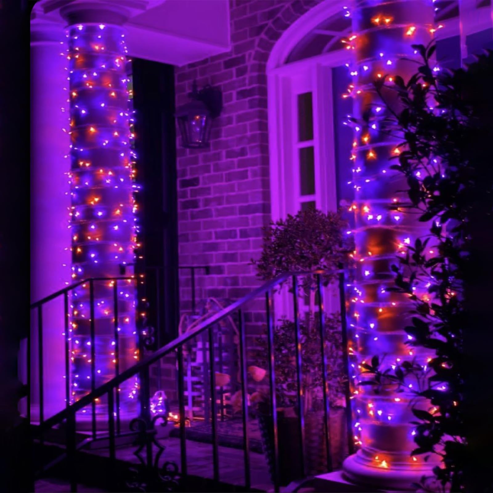 EEW 2 Pack 200 LED Solar String Lights, Waterproof Halloween Decorations, 8 Lighting Modes, Orange and Purple, Model CAIYUAN-100