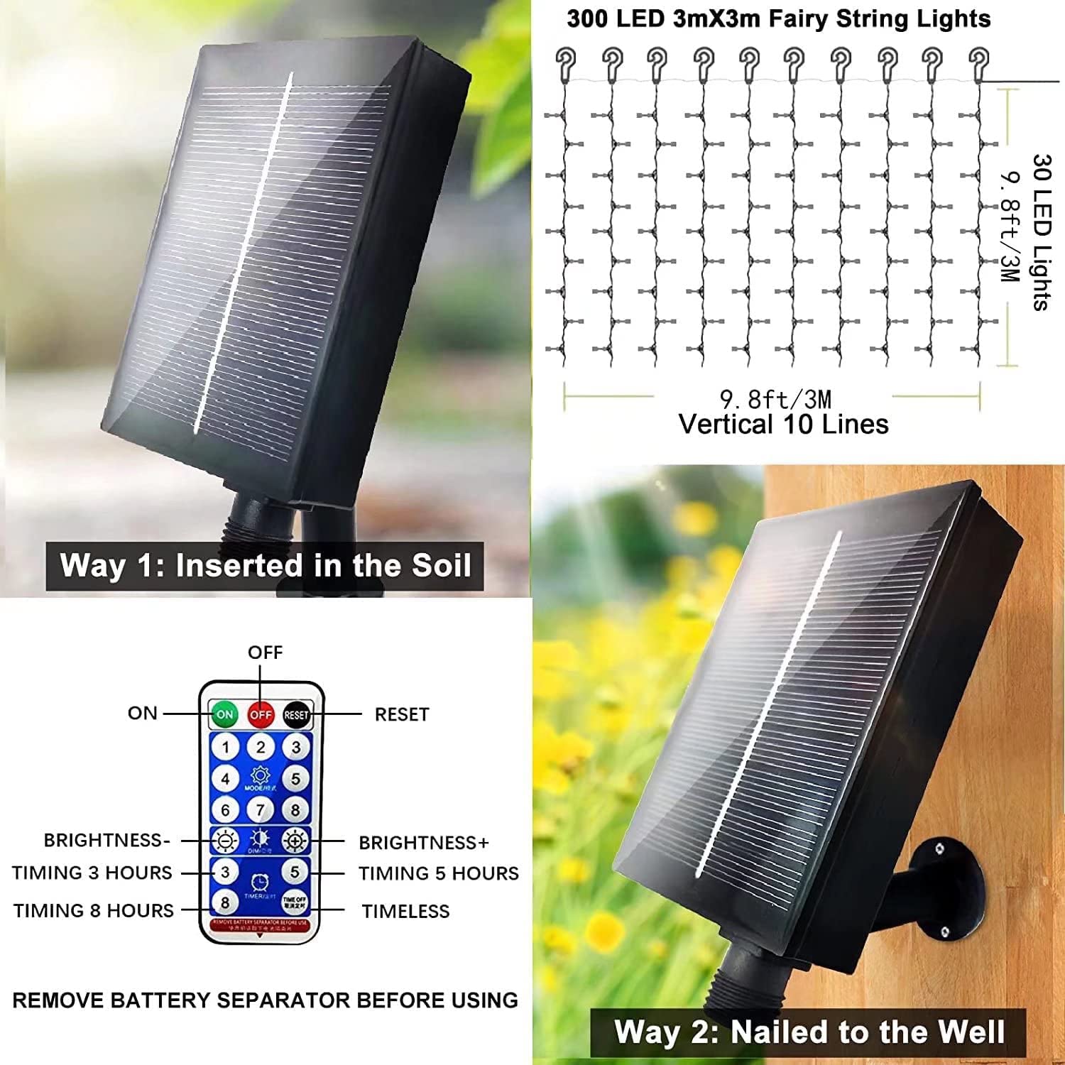 LiyuanQ Solar Curtain Lights, 300 LED, 8 Modes, Waterproof, 2 Pack, Multicolor
