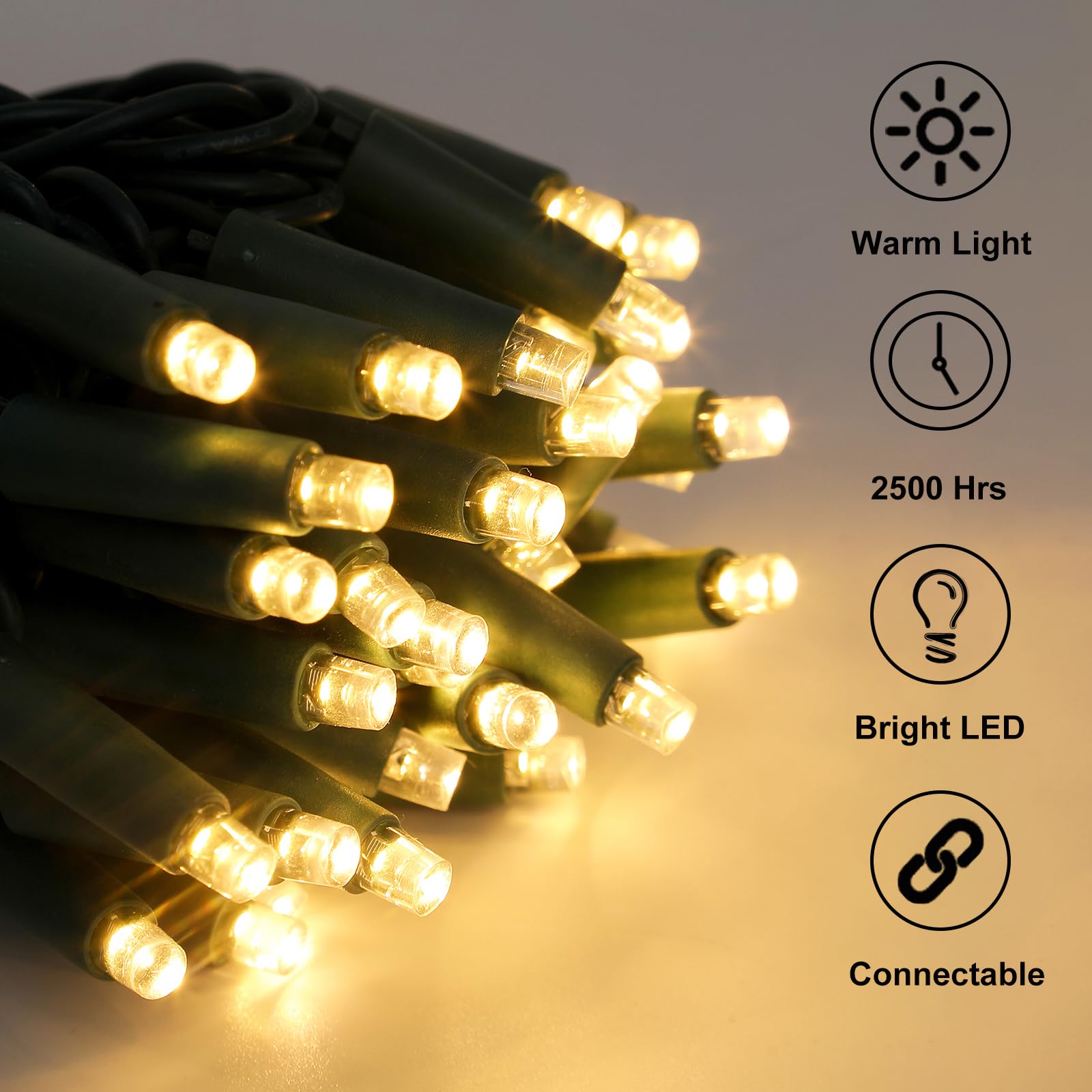 Broulove Christmas Lights 100 Count, 50 Ft Christmas Lights Outdoor Indoor, Commercial Grade, Heavy Duty Green Wire, Warm White Light, 6 Inches Spacing