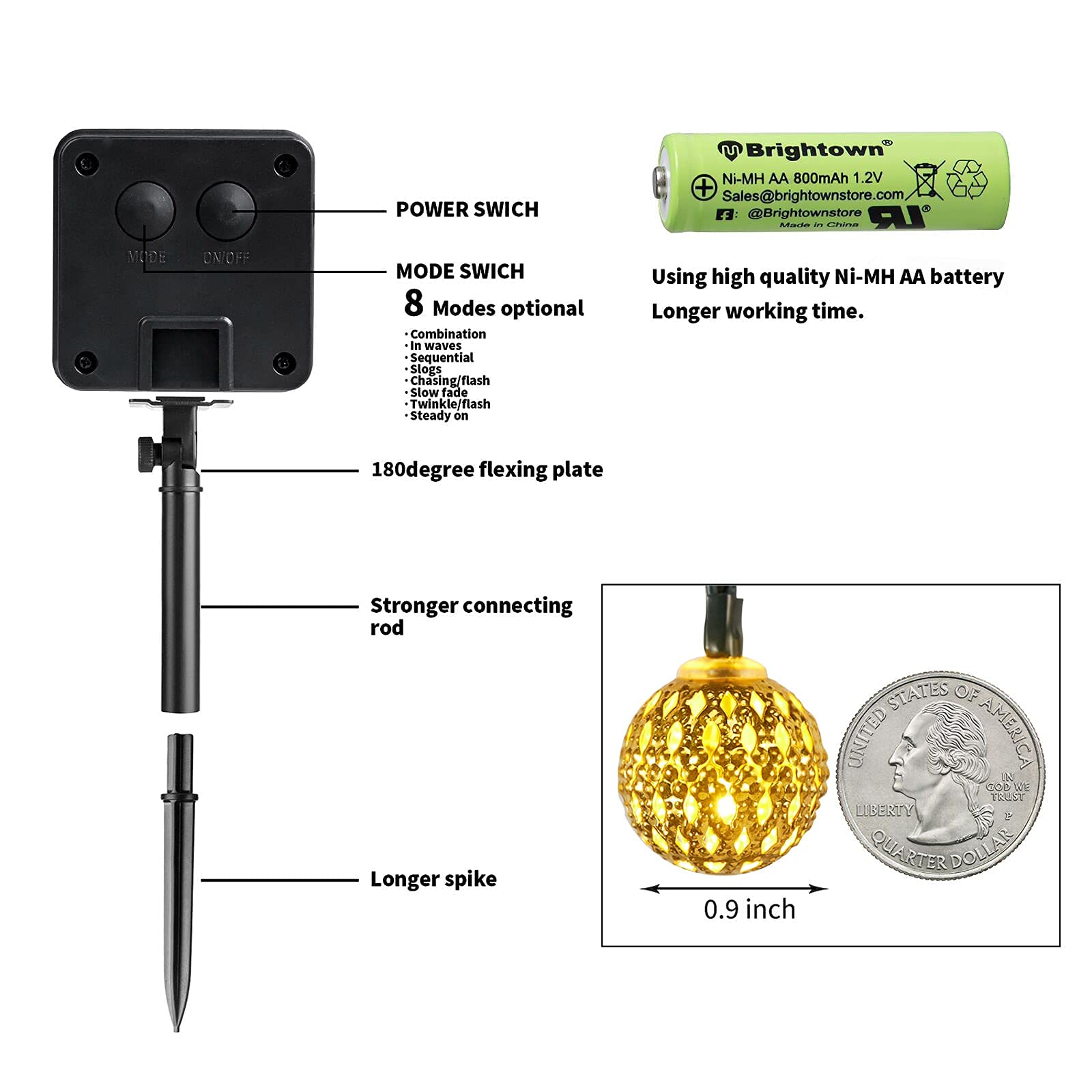 Brightown Solar String Lights, 35.6 Ft, 60 LED, Waterproof, 8 Lighting Modes, Warm White, Model JS-BLEDX-R