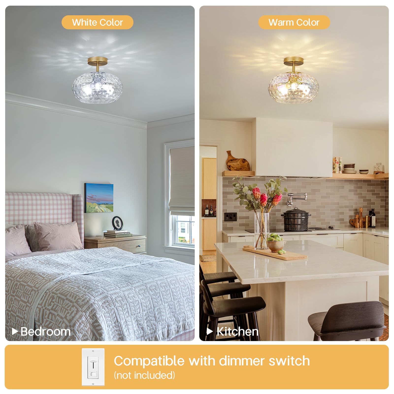 Clarsyne 12 Iridescent Rainbow Hammered Glass Ceiling Light  3-Light Semi Flush Mount Fixture  Modern Gold Lighting For Bedroom  Hallway  Kitchen  Dining Room  Living Room  Foyer