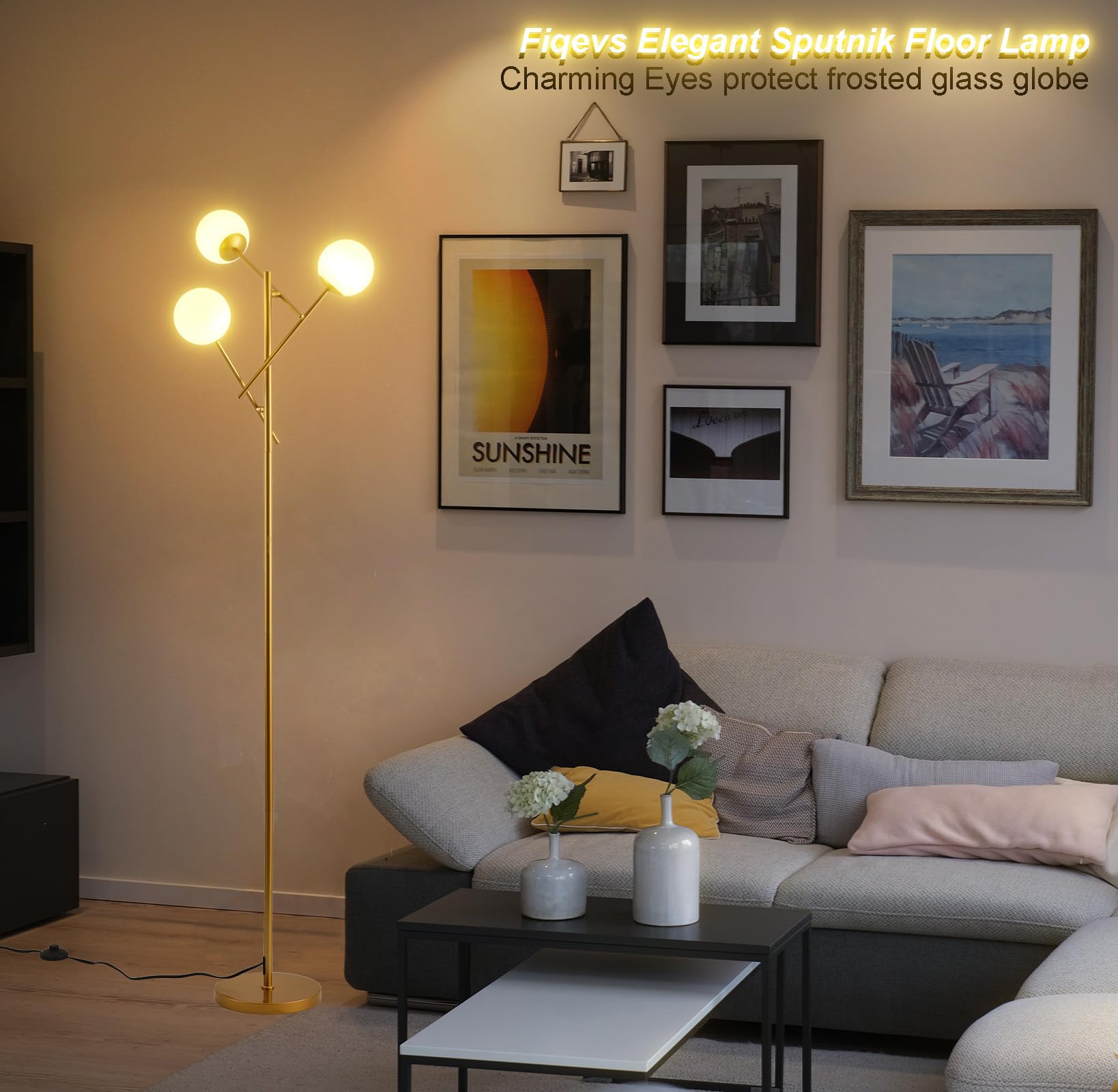 Fiqevs 3 Globe Mid Century Floor Lamp - Modern Gold With Rotatable Glass Shades, Led Bulbs