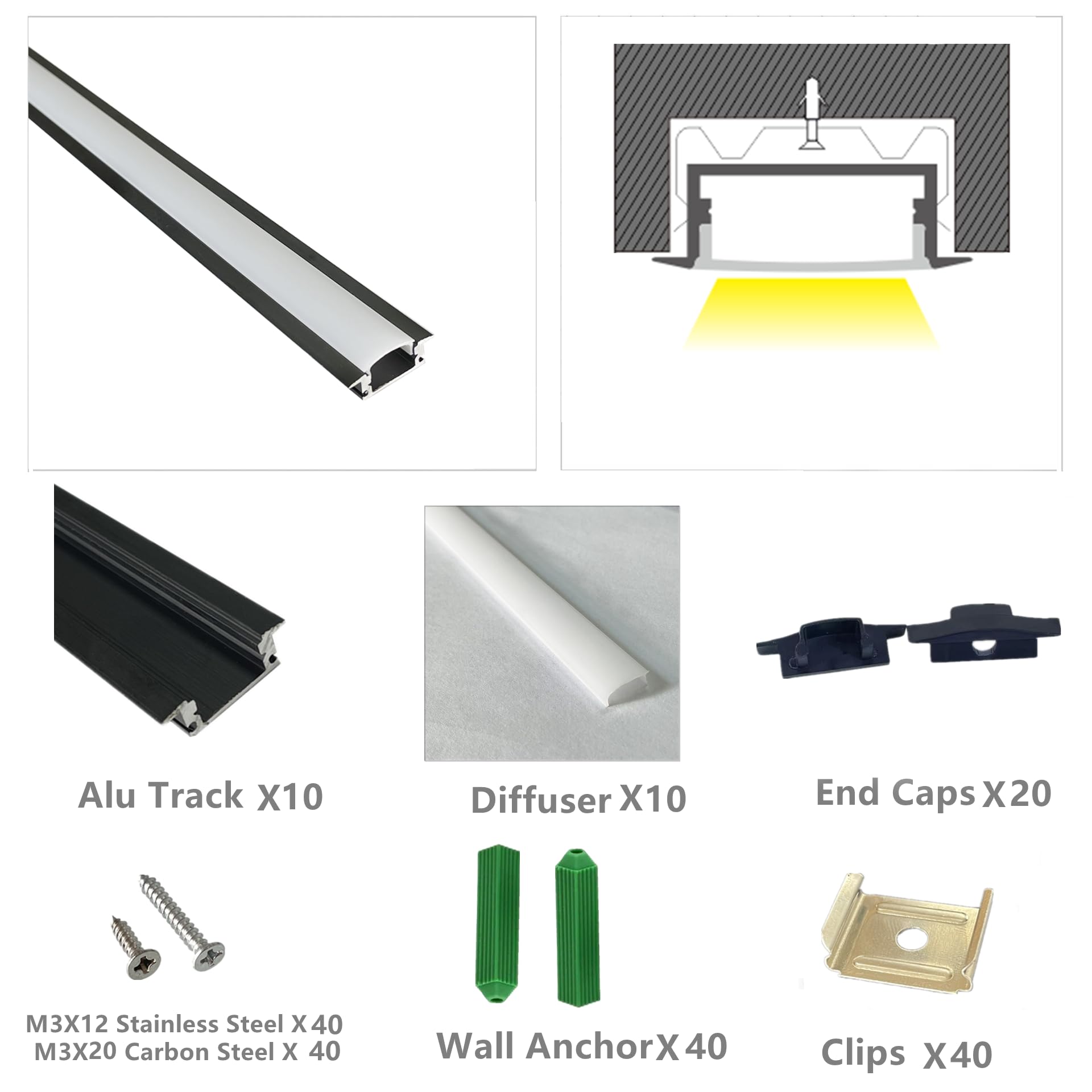 Thmoother Recessed Led Strip Black Channel Diffuser 10-Pack 6.56Ft,23.5X7Mm Tape Track With Flange,Flush Mounted Wardrobe Bookcase Wine Cabinet Wooden Furniture Groove Integrated Low Profile