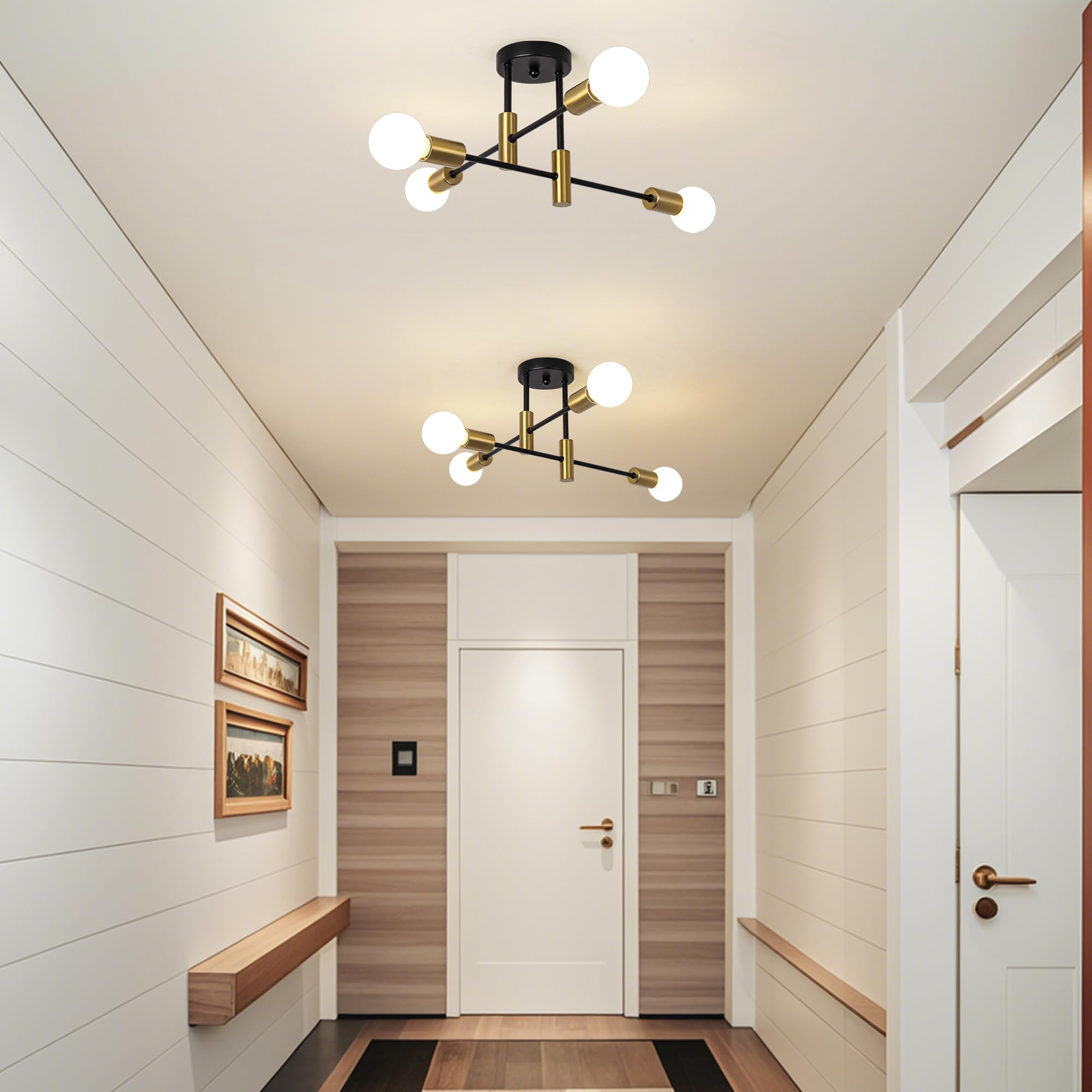Garwarm 2 Pack 4-Light Industrial Semi Flush Mount Sputnik Ceiling Light Fixture, Black And Gold Modern Sputnik Chandelier For P