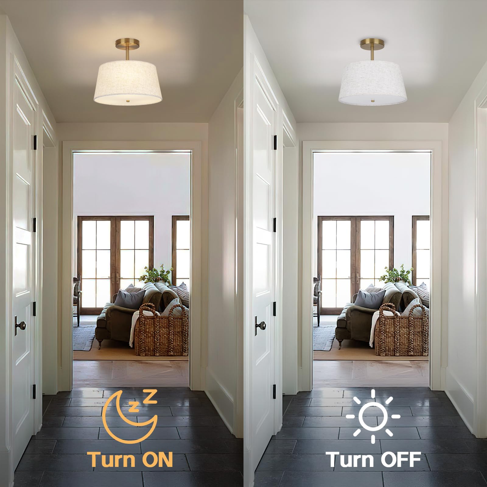 Calokes Cone-Shaped Semi Flush Mount Modern Ceiling Light Fixture, 3-Light Drum Lamp With Gold Brass Finish And Beige Fabric Sha